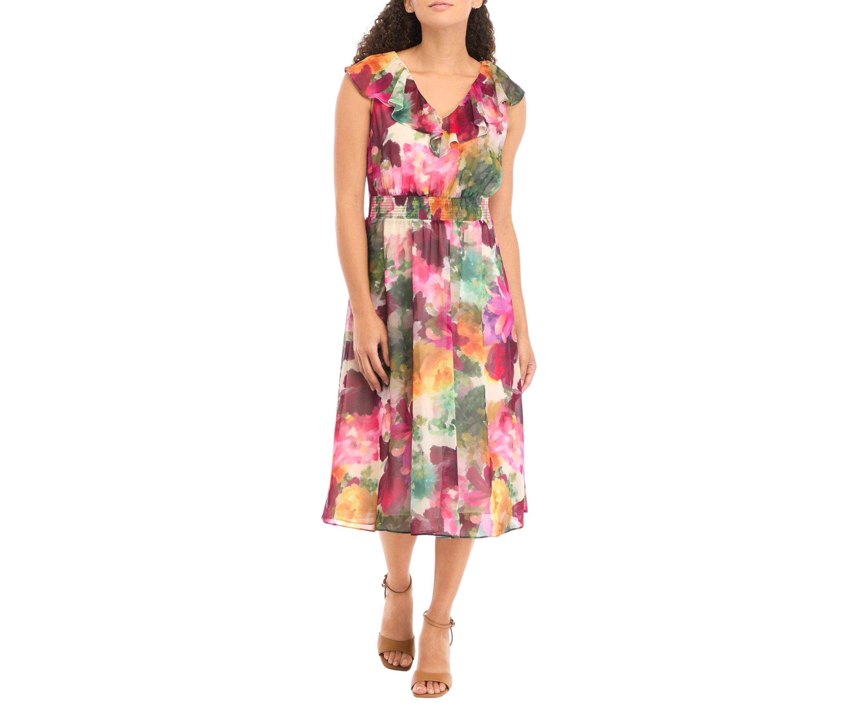 Petite V-Neck Smocked Waist Floral Midi Dress
