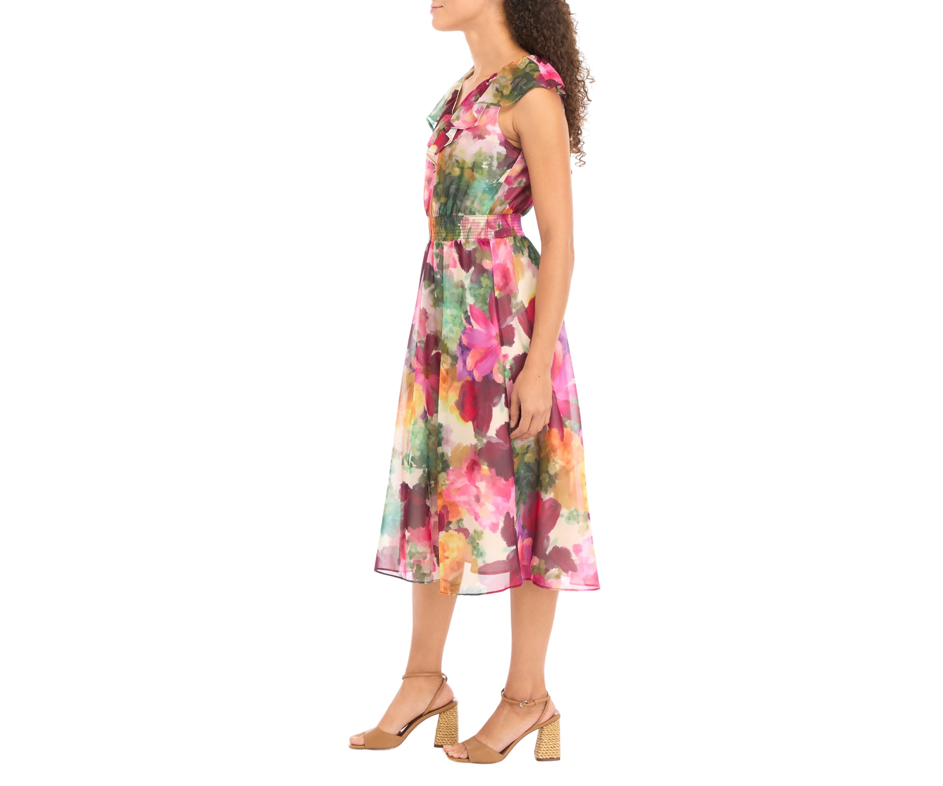 Petite V-Neck Smocked Waist Floral Midi Dress