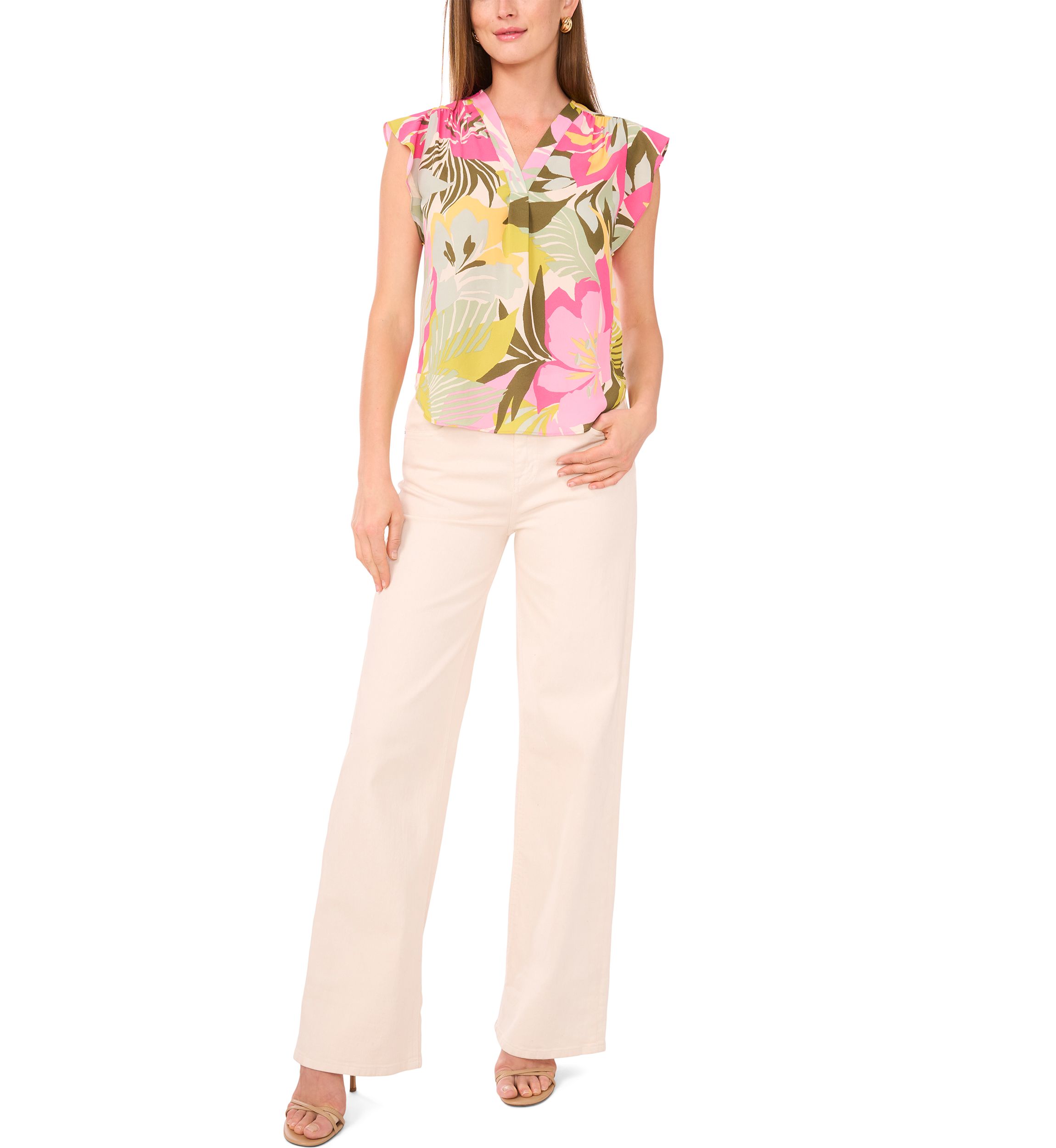 Petite V-Neck Flutter Sleeve Blouse