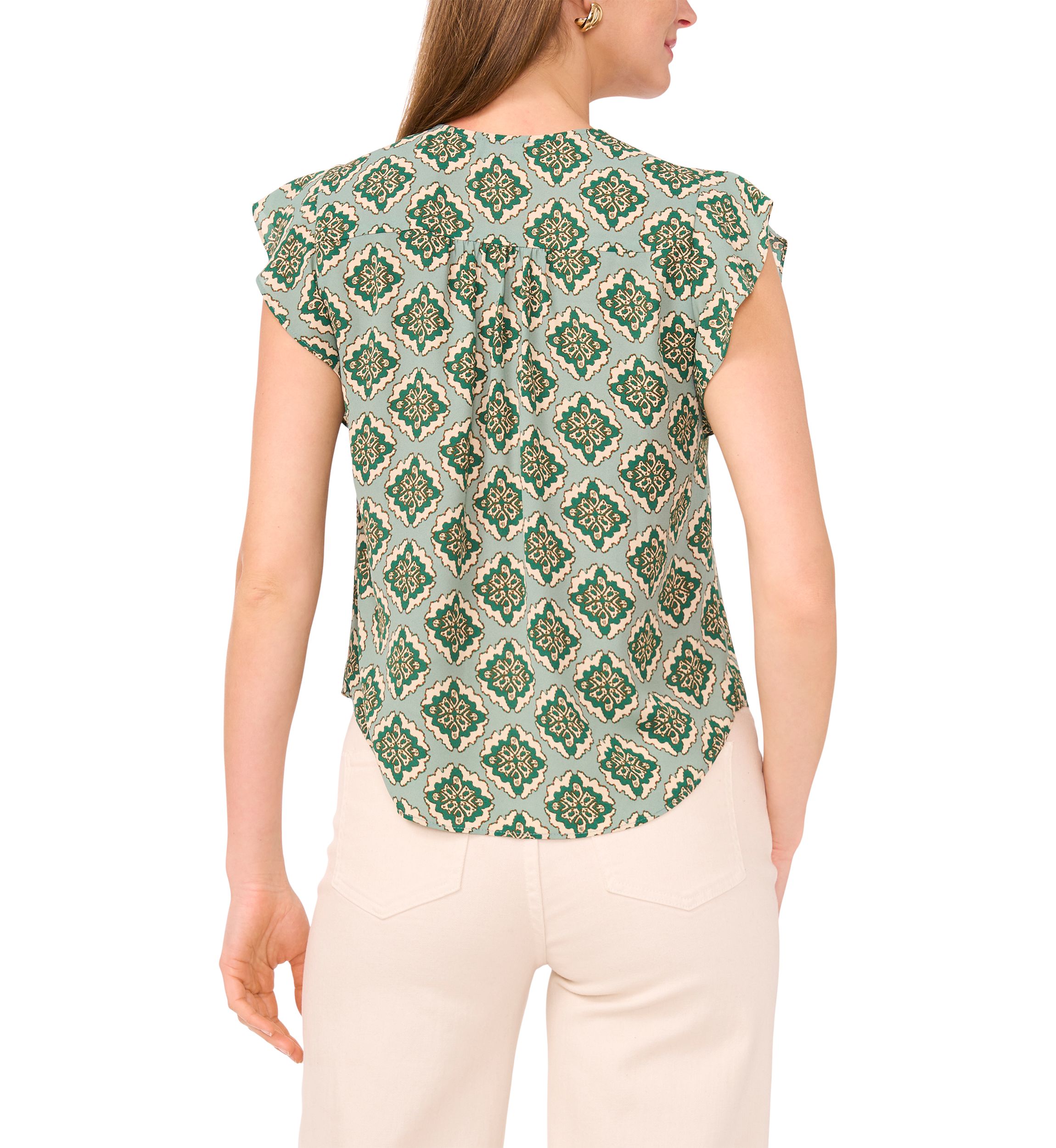 Petite Flutter Sleeve V-Neck Printed Blouse