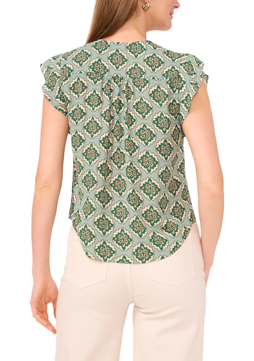 Petite Flutter Sleeve V-Neck Printed Blouse