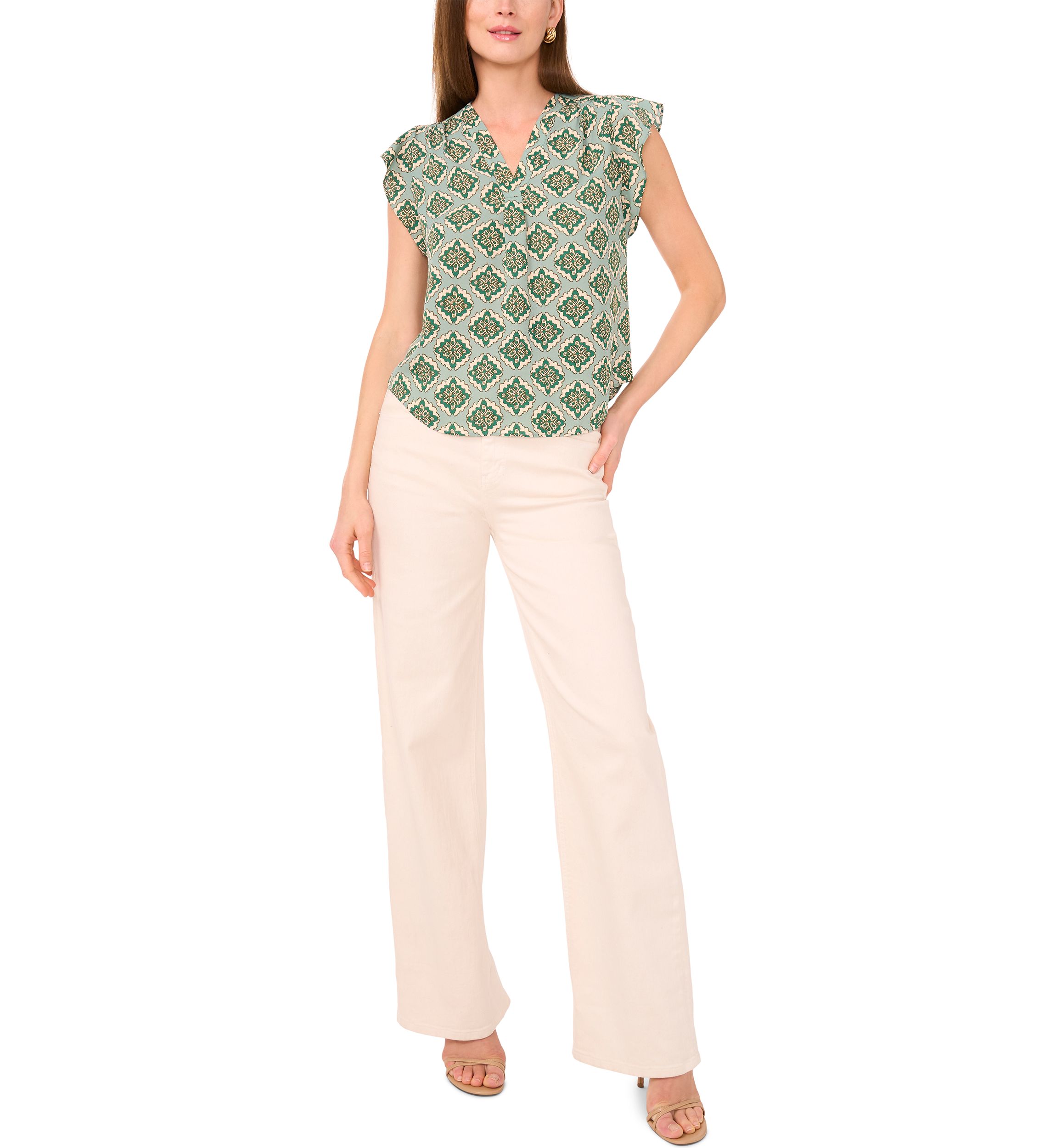 Petite Flutter Sleeve V-Neck Printed Blouse