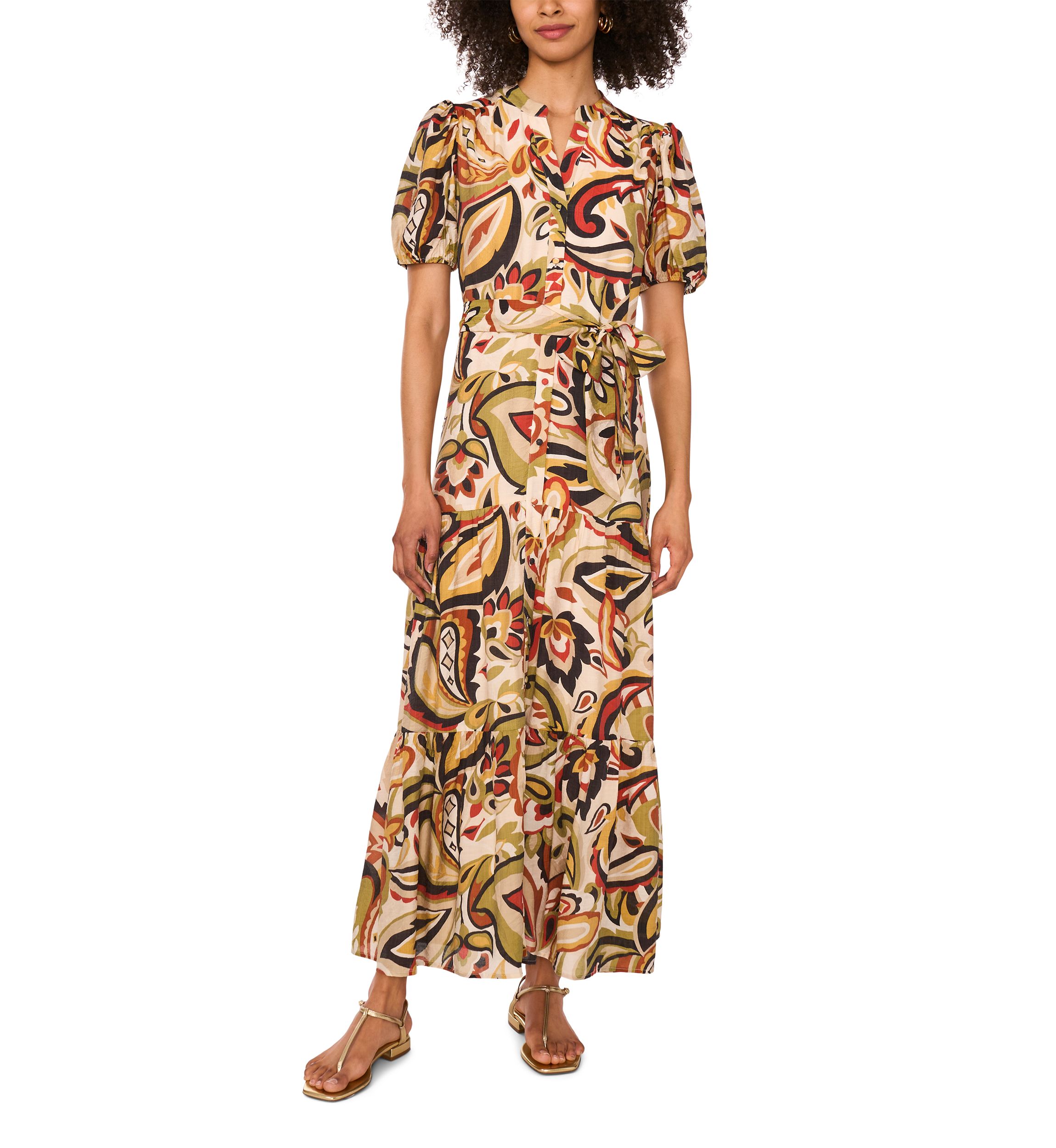 Petite Puff Sleeve Button Down Maxi Dress