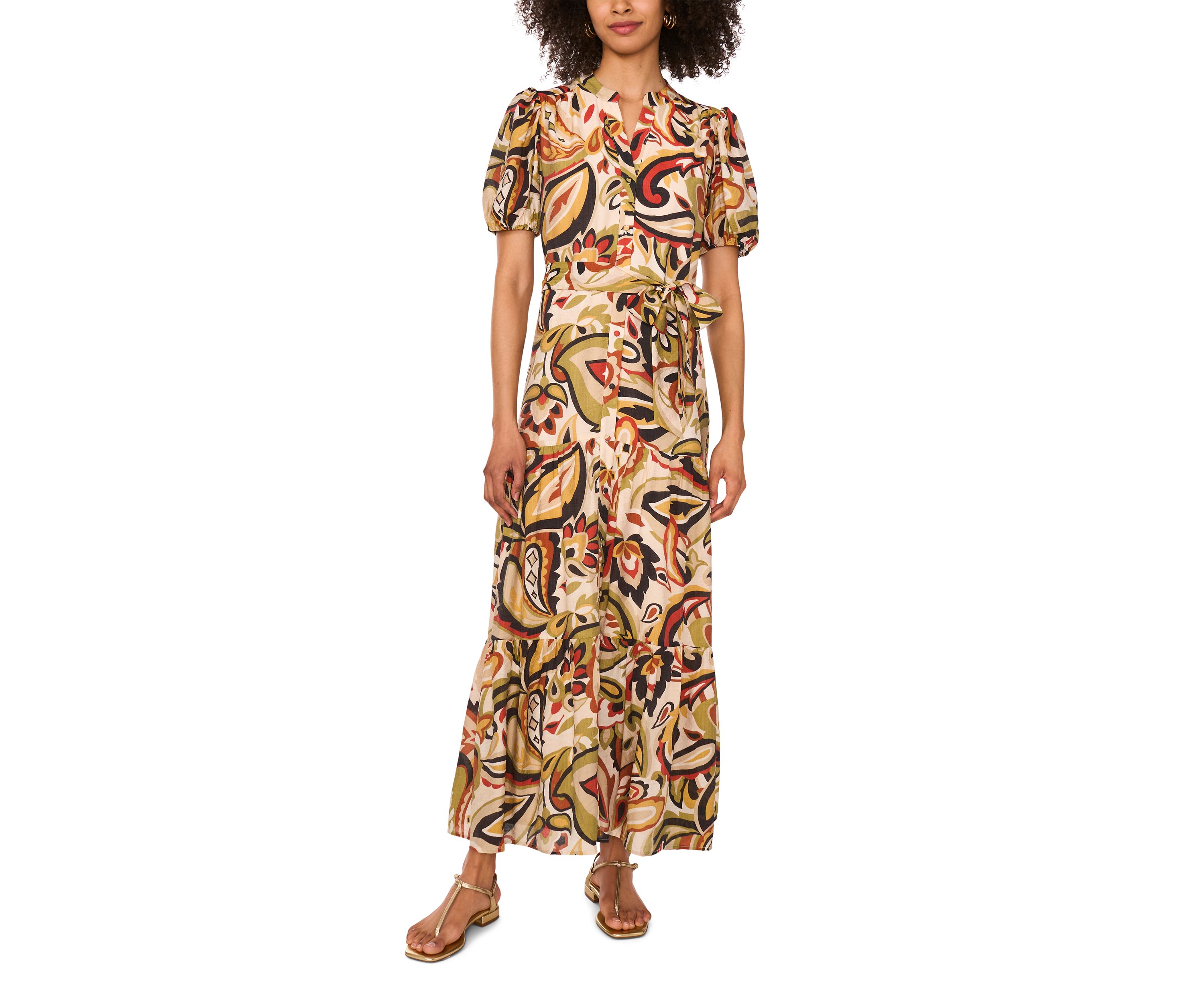 Petite Puff Sleeve Button Down Maxi Dress
