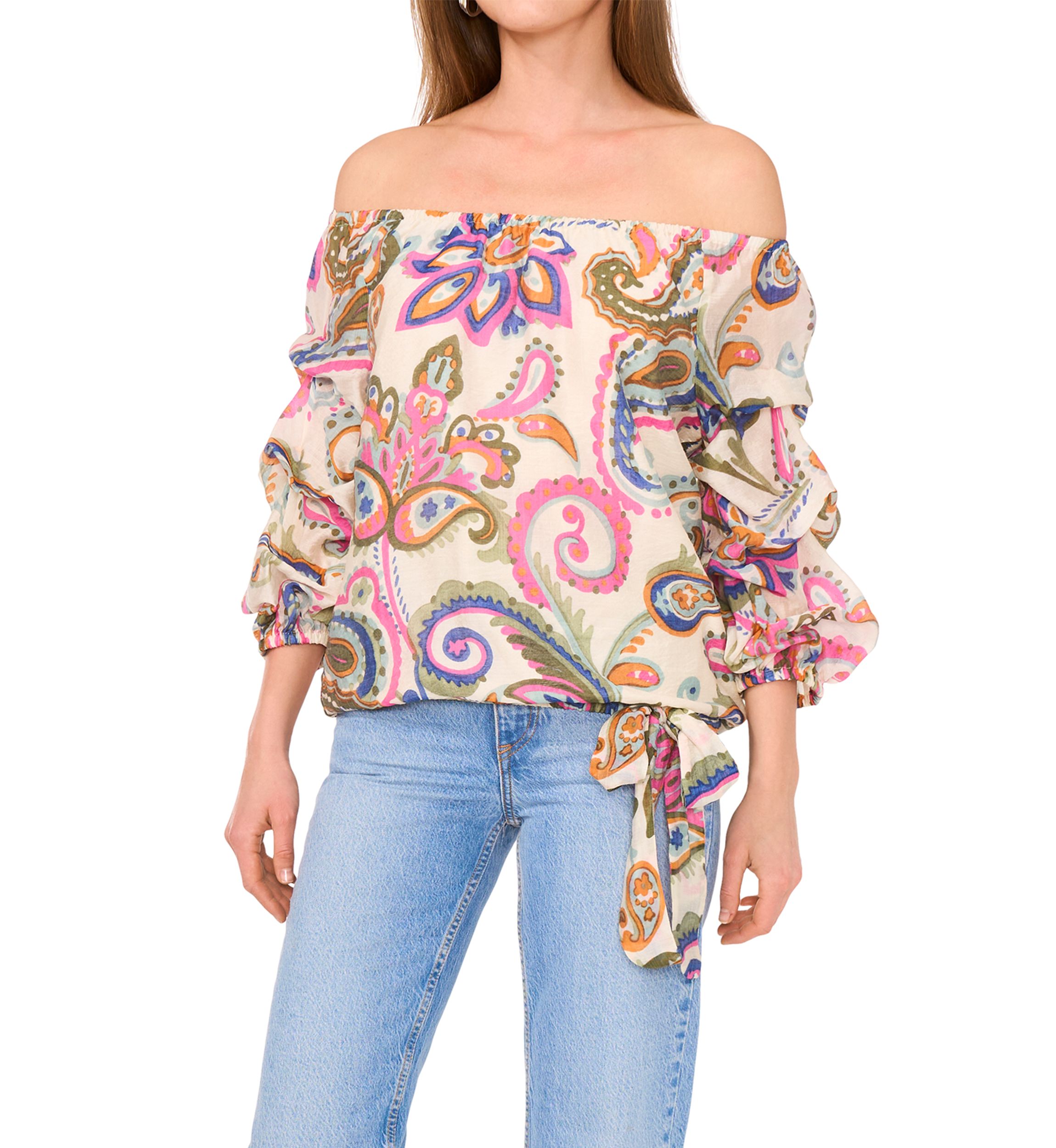 Petite Off the Shoulder Puff Sleeve Printed Top