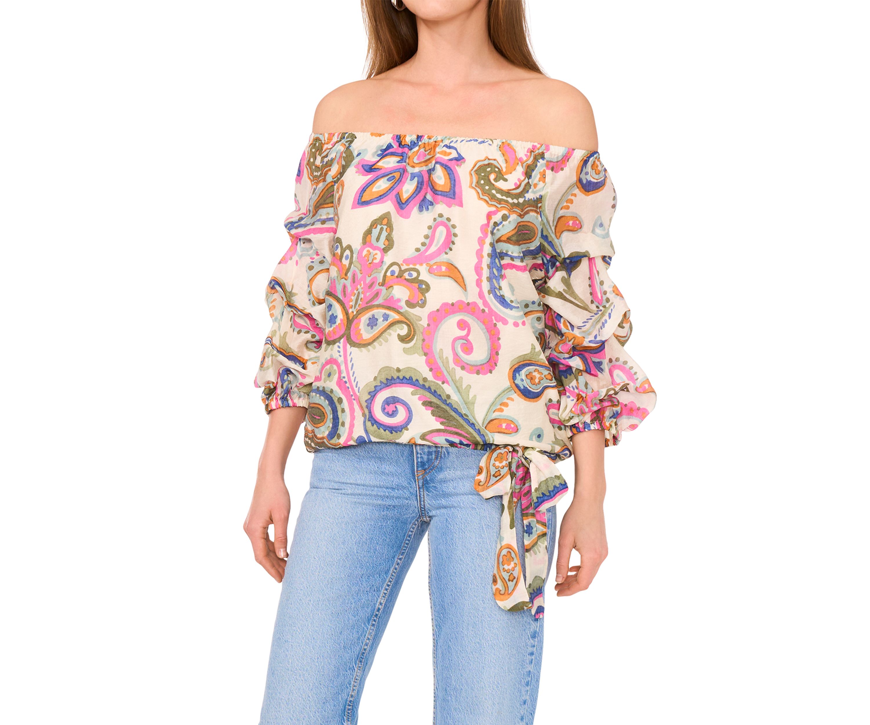 Petite Off the Shoulder Puff Sleeve Printed Top