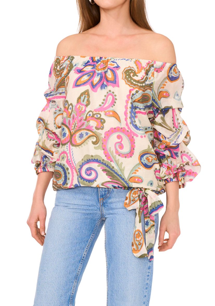 Petite Off the Shoulder Puff Sleeve Printed Top