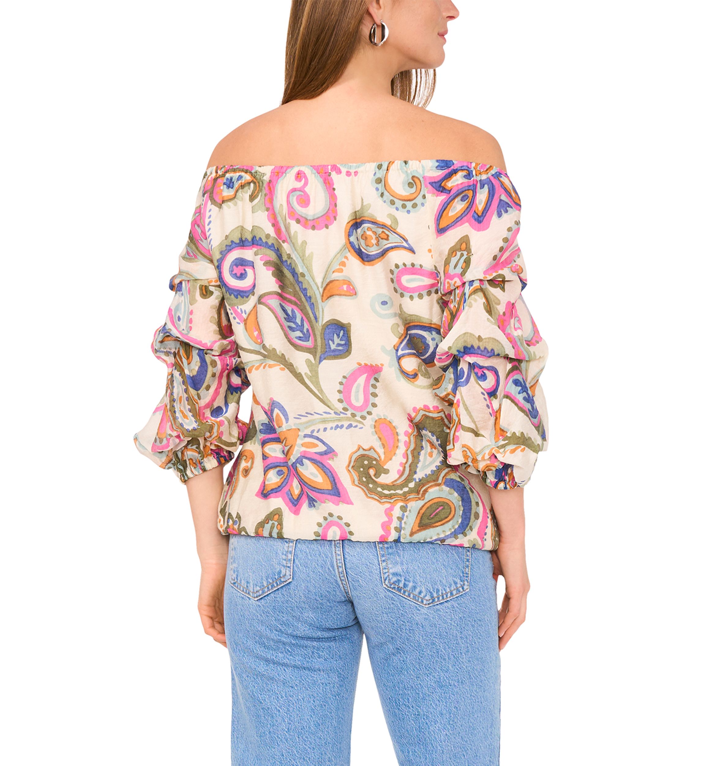 Petite Off the Shoulder Puff Sleeve Printed Top