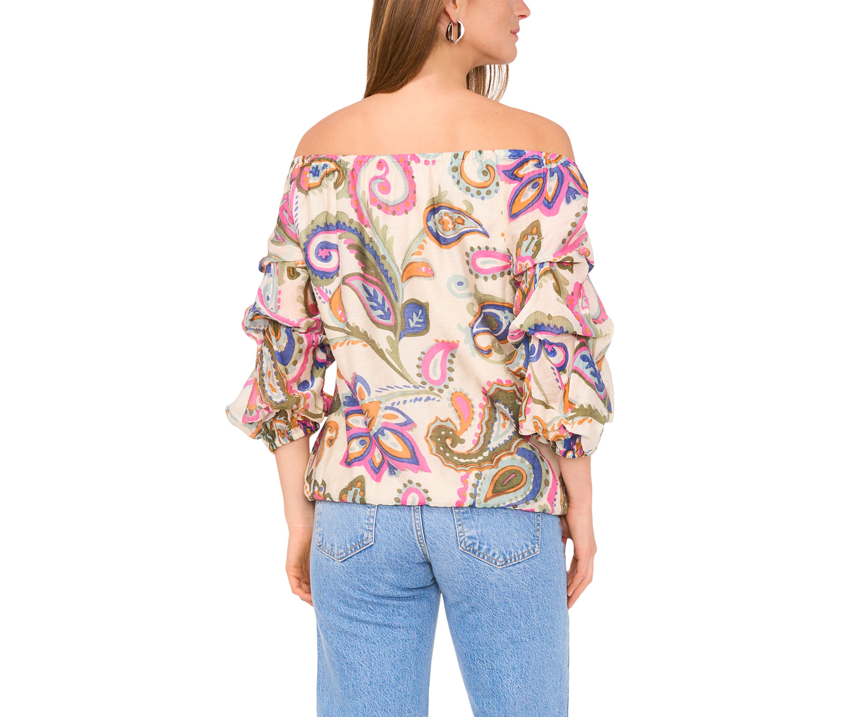 Petite Off the Shoulder Puff Sleeve Printed Top