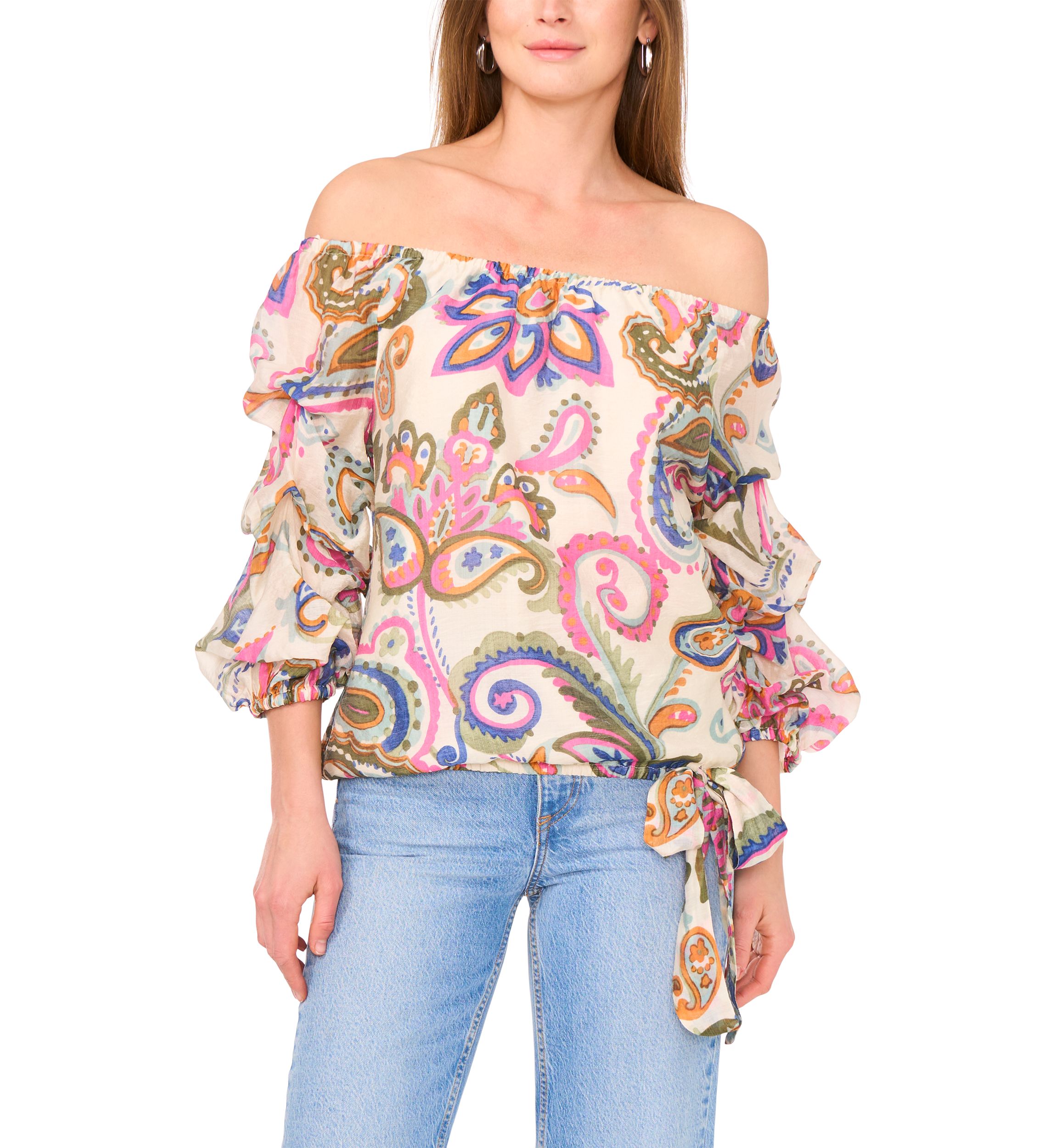 Petite Off the Shoulder Puff Sleeve Printed Top