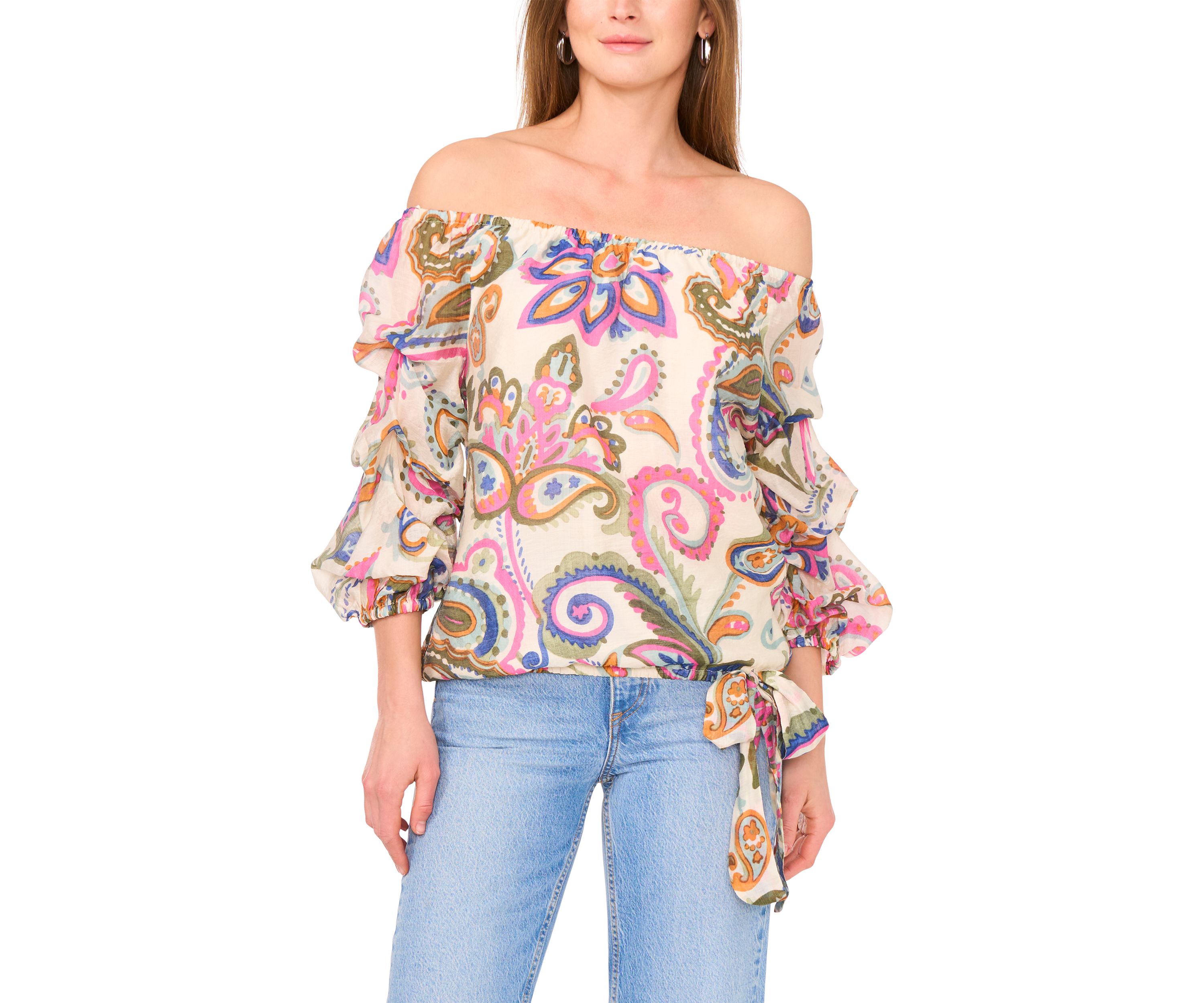 Petite Off the Shoulder Puff Sleeve Printed Top