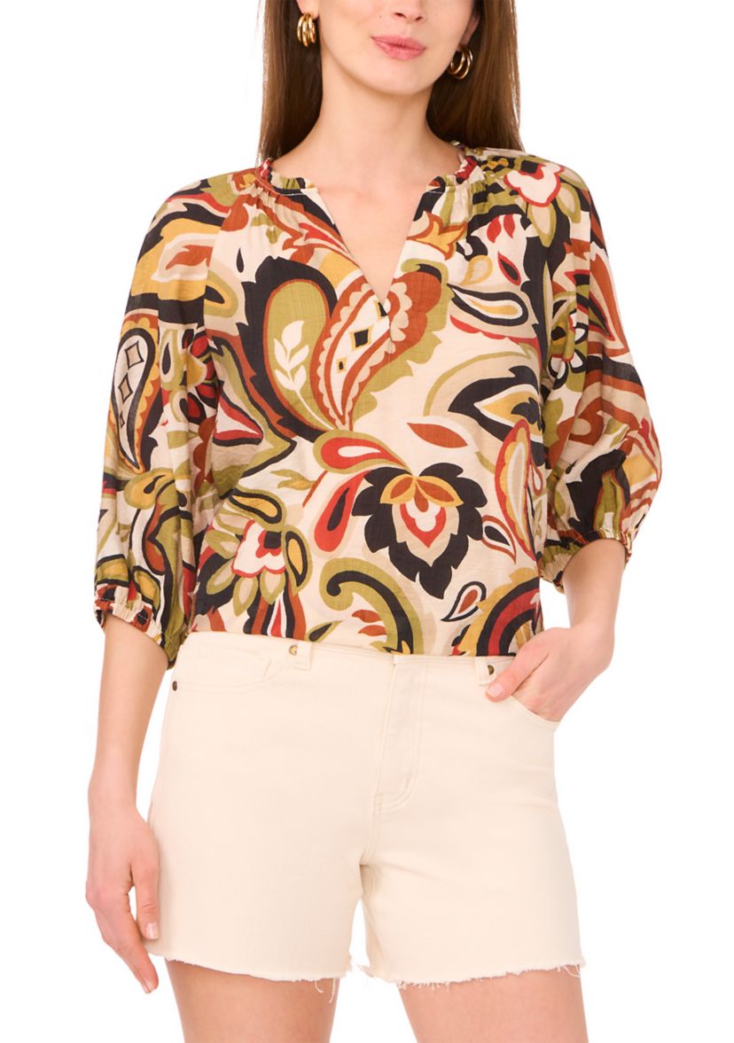 Petite Printed Split Neck Blouse
