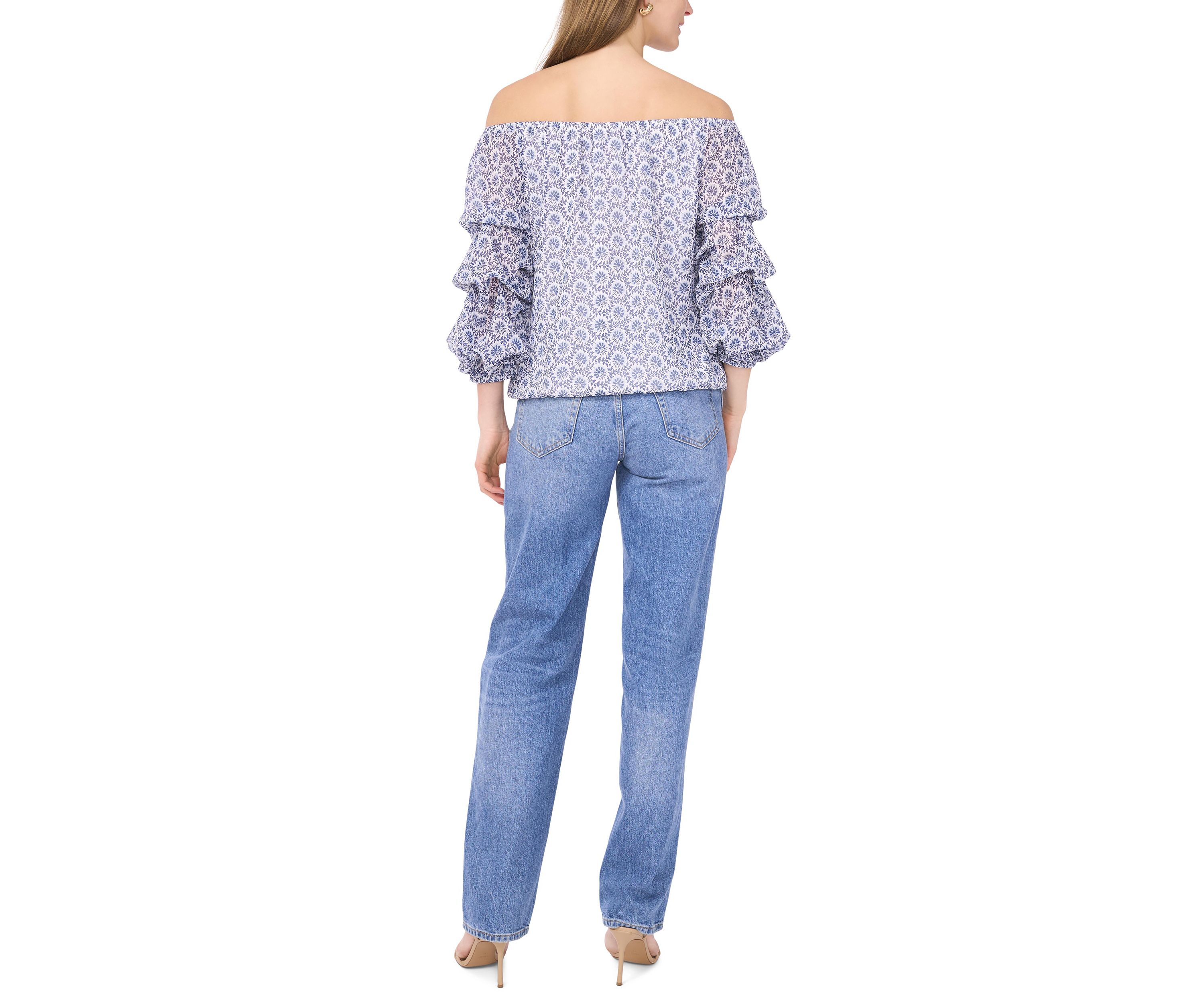 Petite Puff Sleeve Printed Off the Shoulder Top 