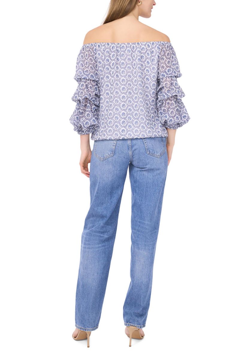 Petite Puff Sleeve Printed Off the Shoulder Top 