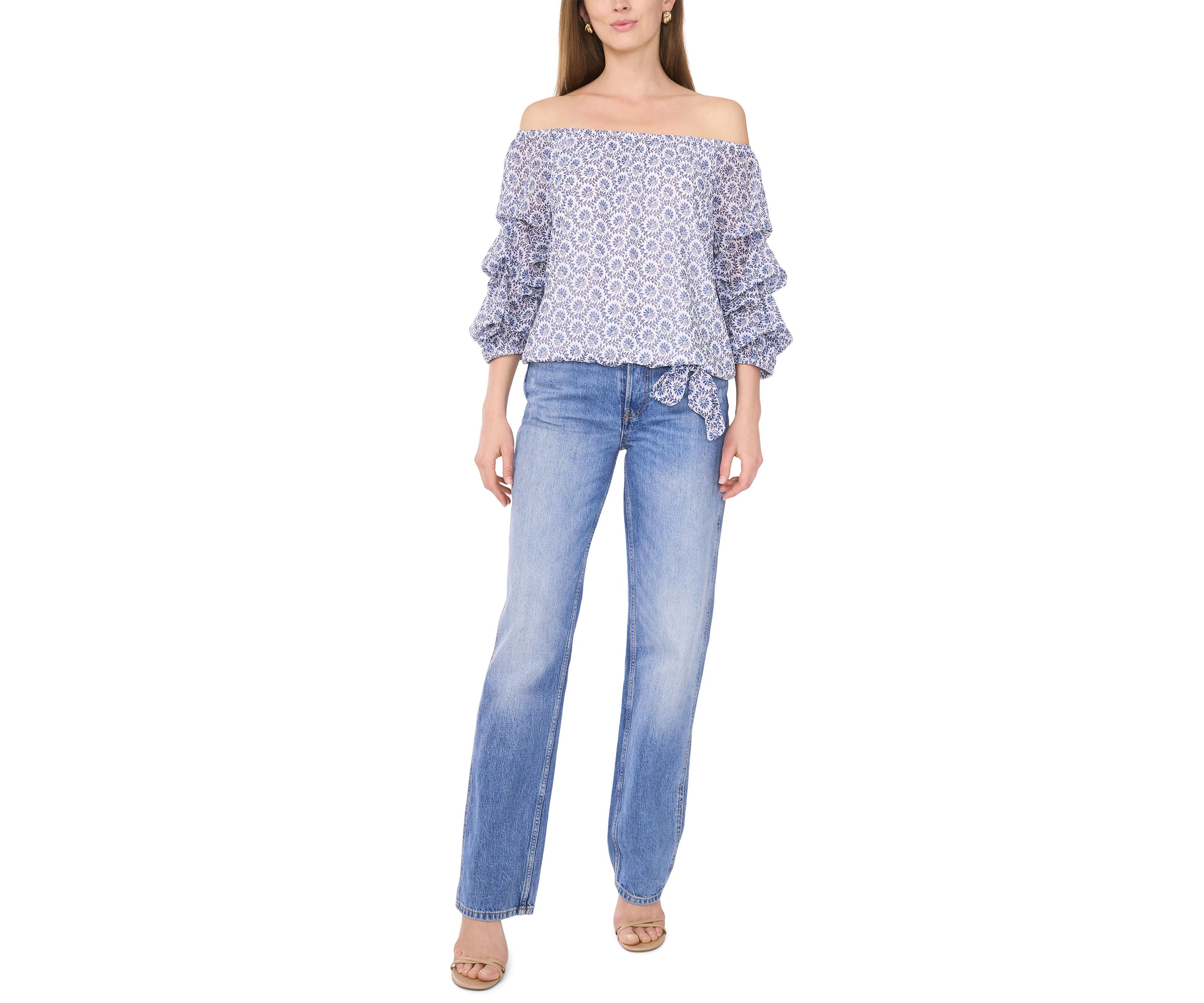 Petite Puff Sleeve Printed Off the Shoulder Top 