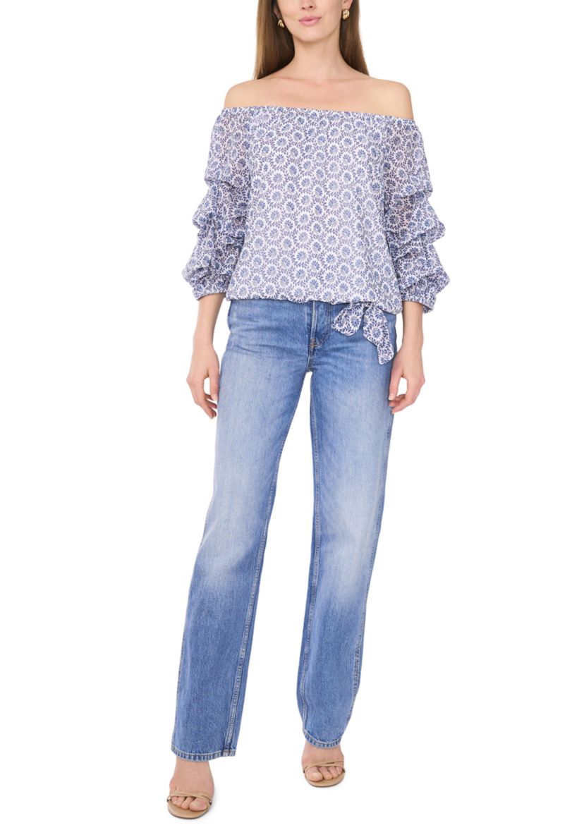 Petite Puff Sleeve Printed Off the Shoulder Top 
