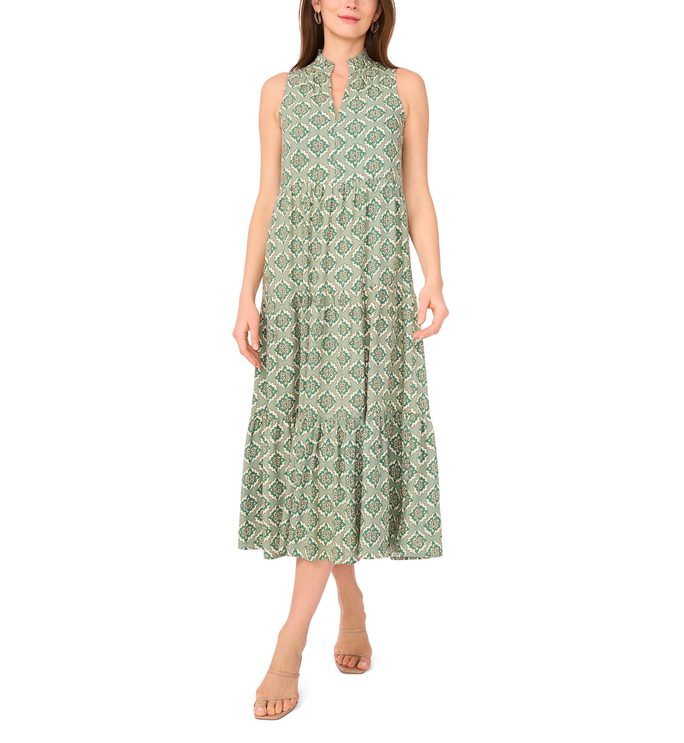 Petite Sleeveless Printed Split Neck Dress