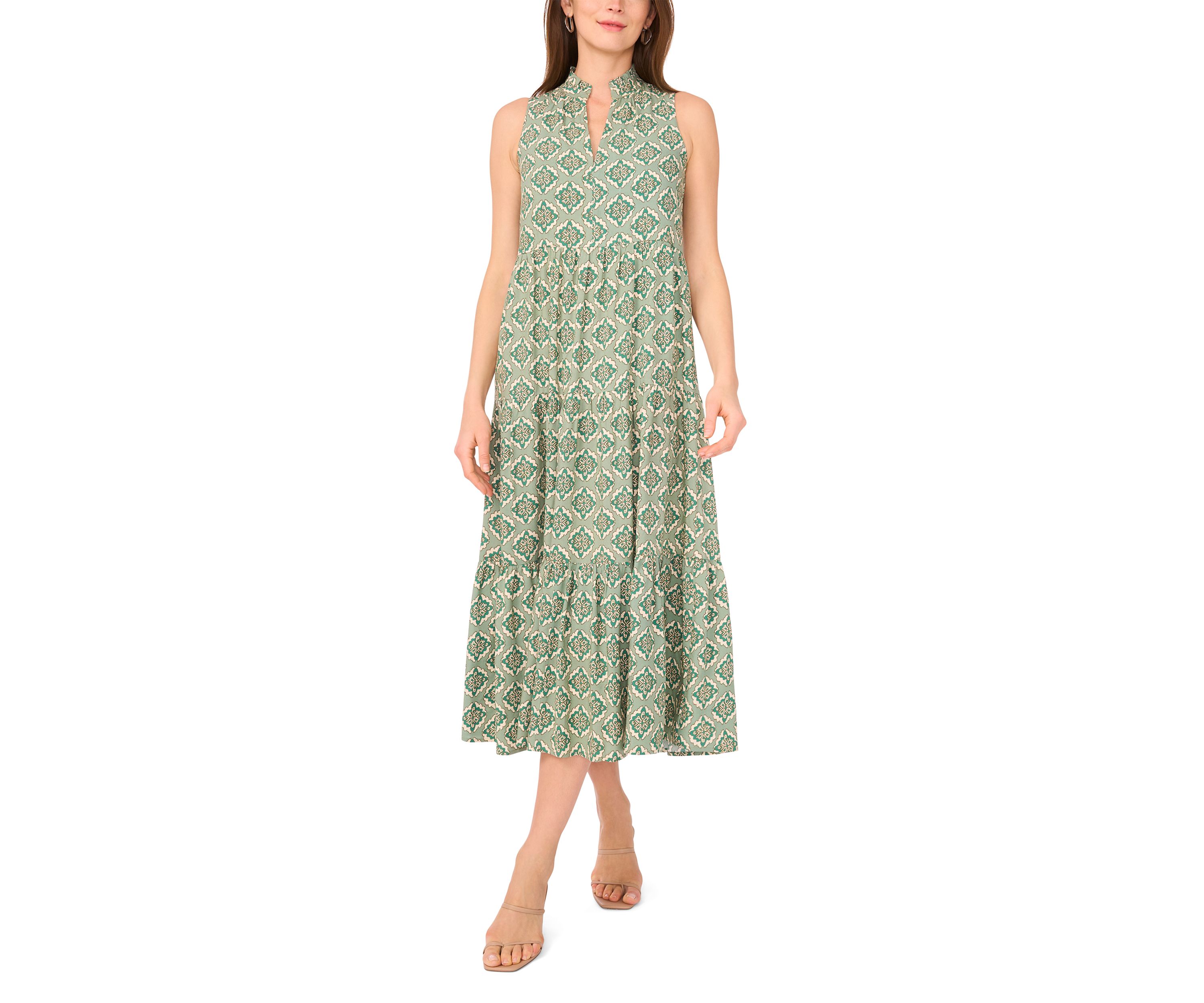 Petite Sleeveless Printed Split Neck Dress