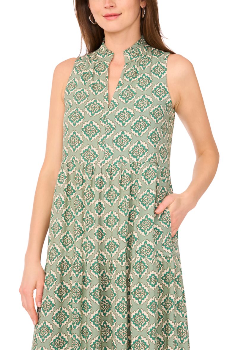 Petite Sleeveless Printed Split Neck Dress