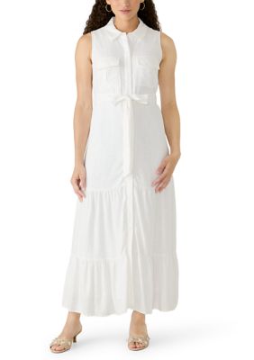 Vince Camuto Women's Petite Sleeveless Linen Shirtdress, White, PXL