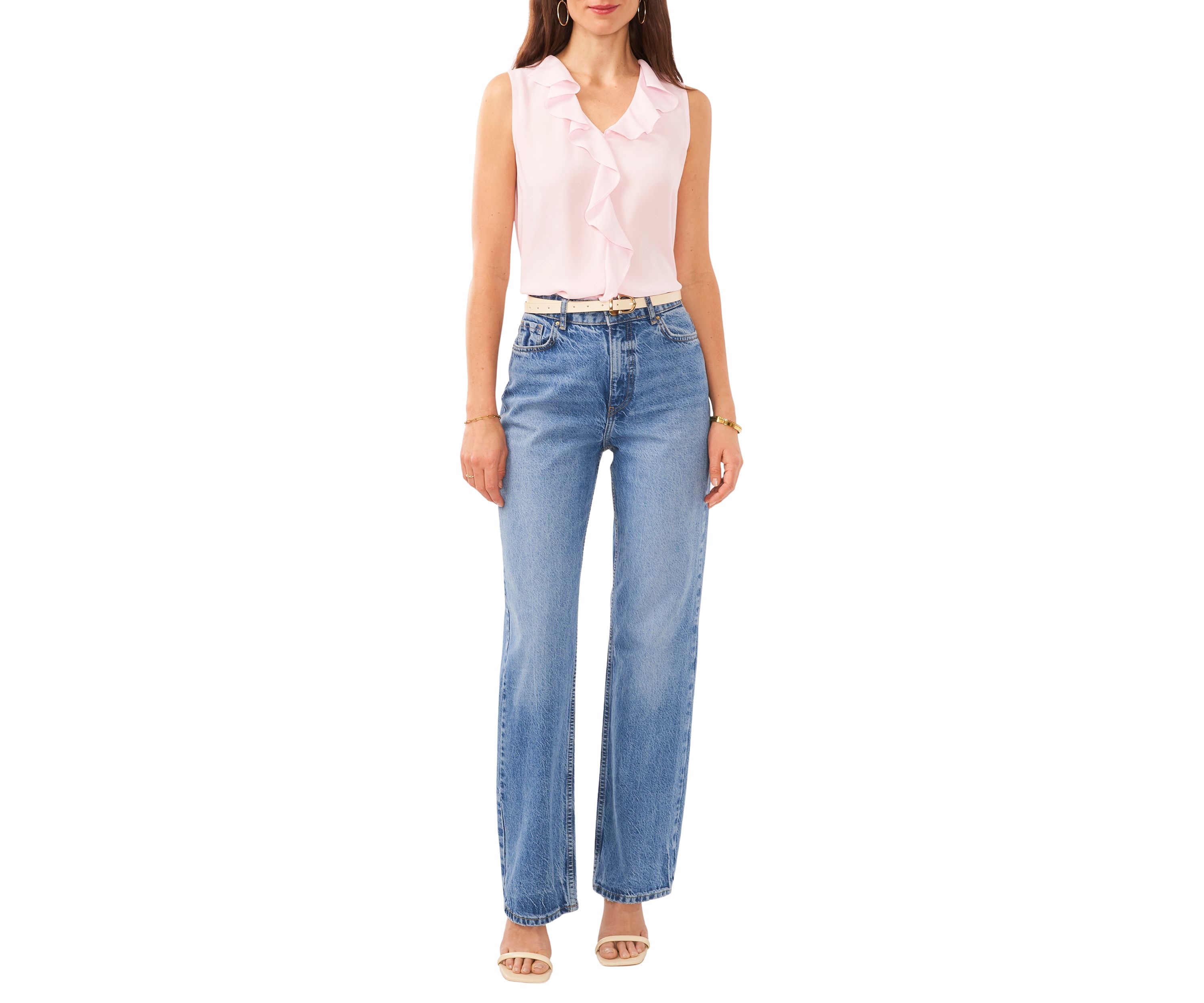 Petite Sleeveless Ruffle V-Neck Blouse