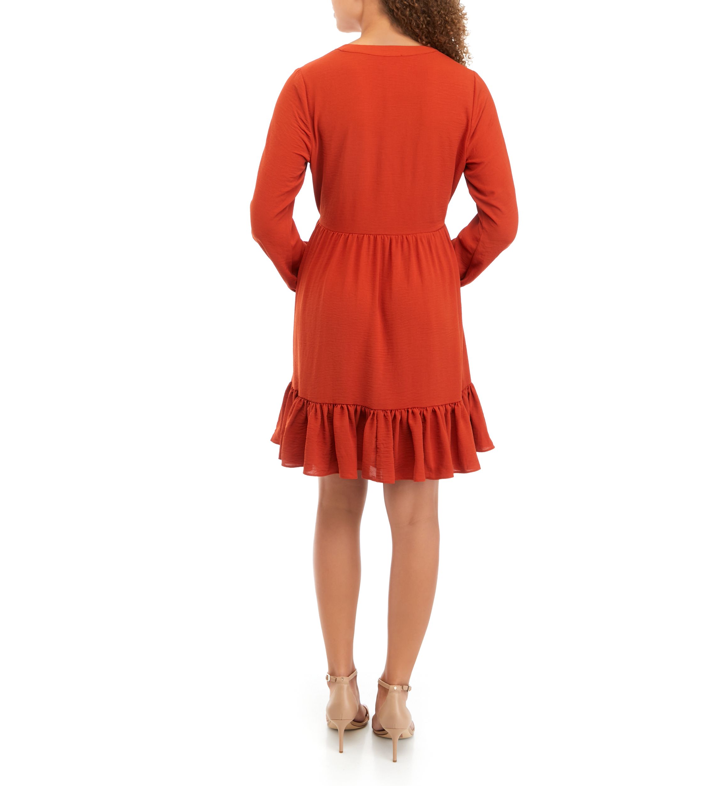 Petite Long Sleeve Split Neck Babydoll Dress