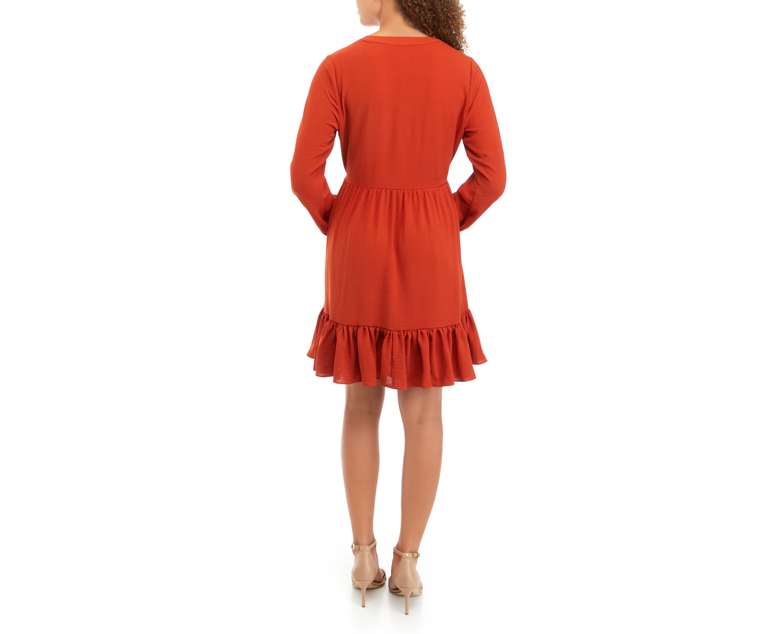 Petite Long Sleeve Split Neck Babydoll Dress