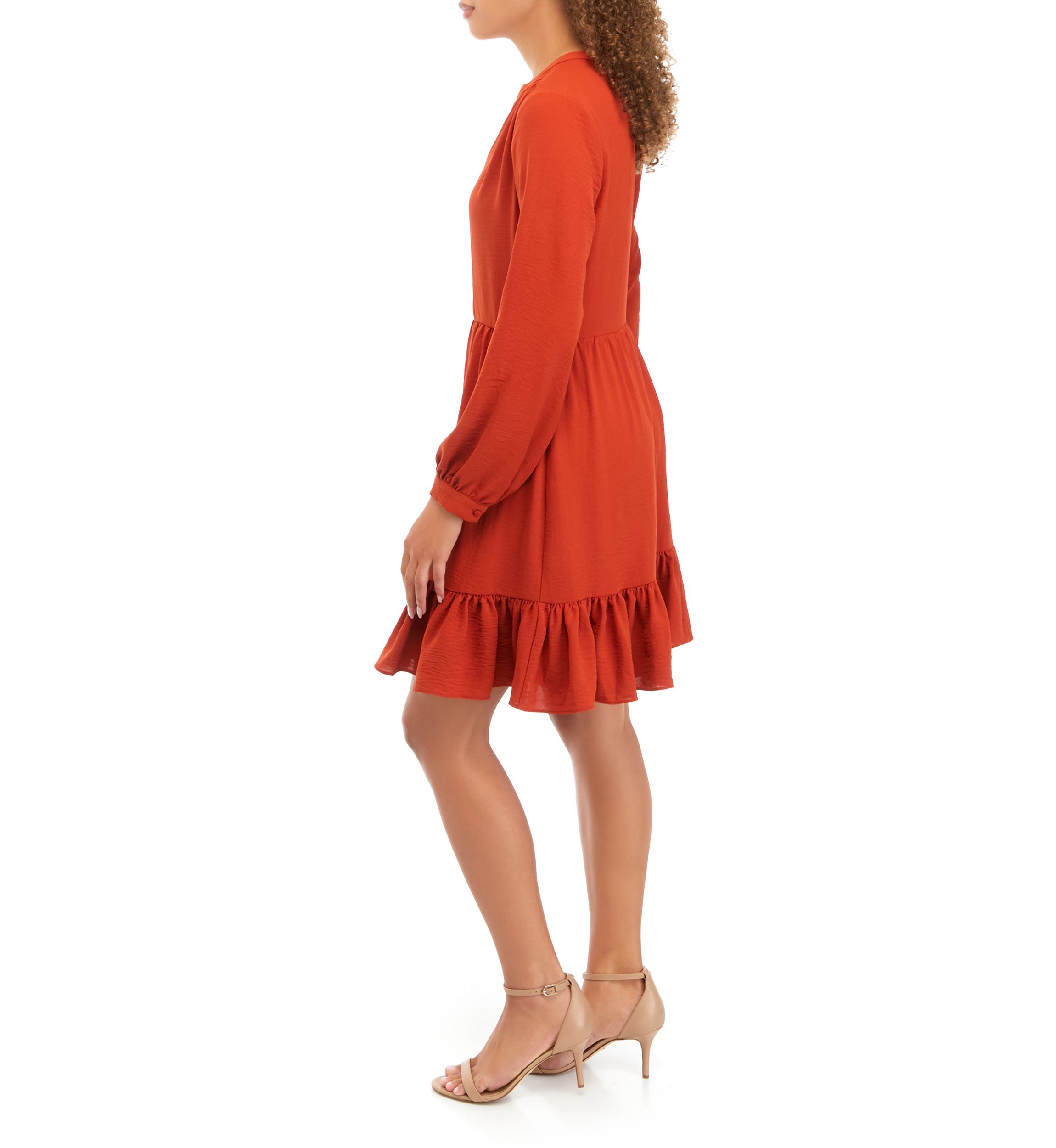 Petite Long Sleeve Split Neck Babydoll Dress