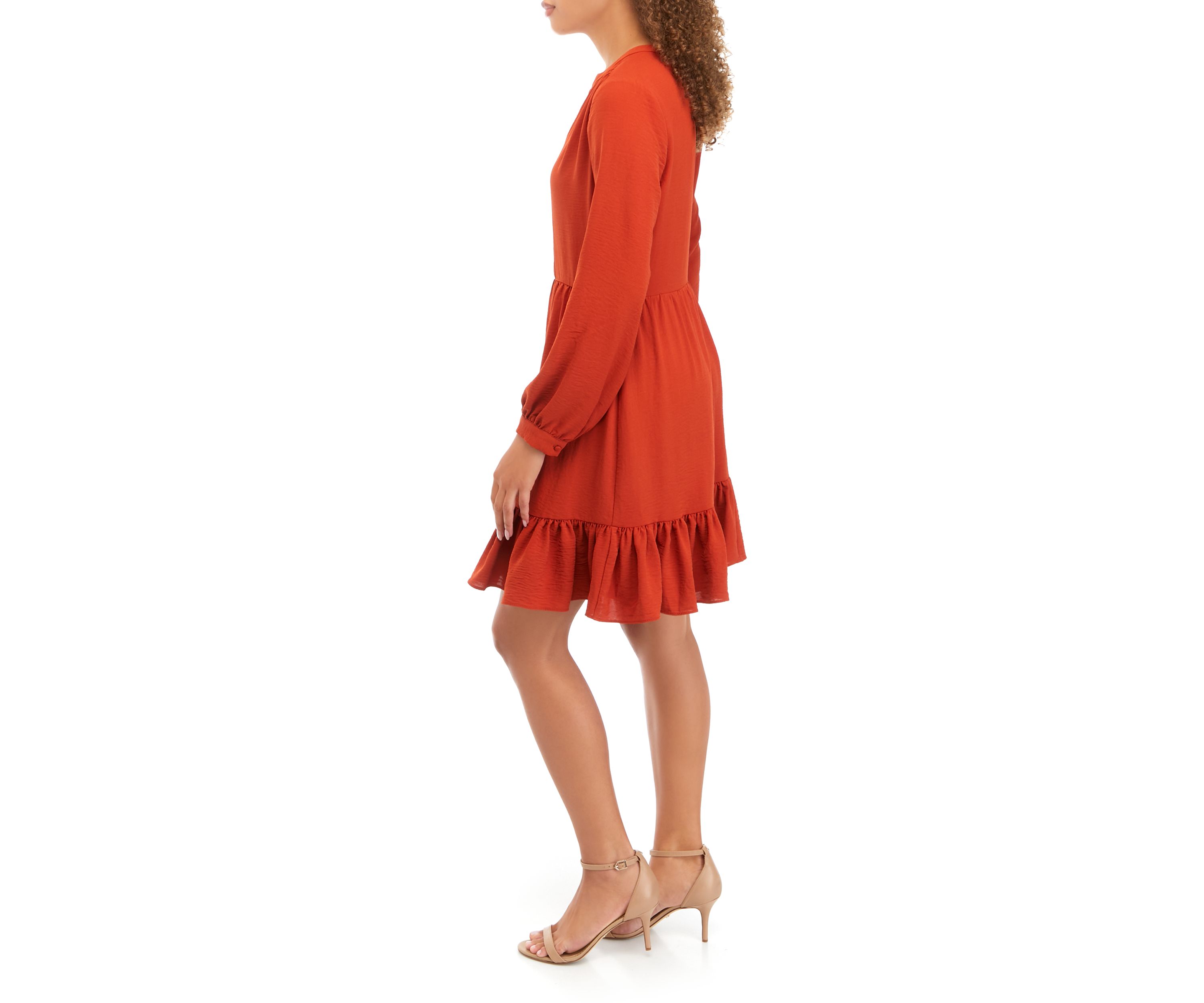 Petite Long Sleeve Split Neck Babydoll Dress