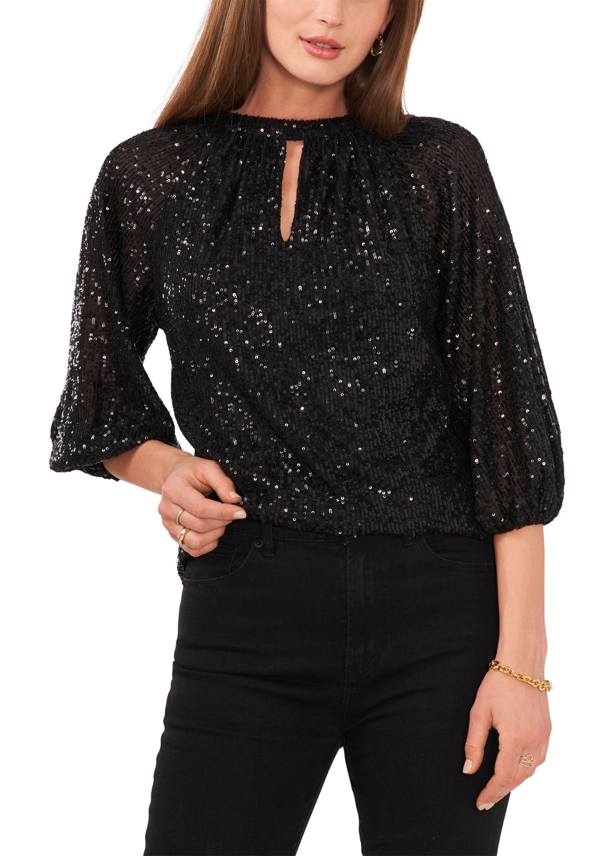 Petite Raglan Sleeve Keyhole Sequin Blouse