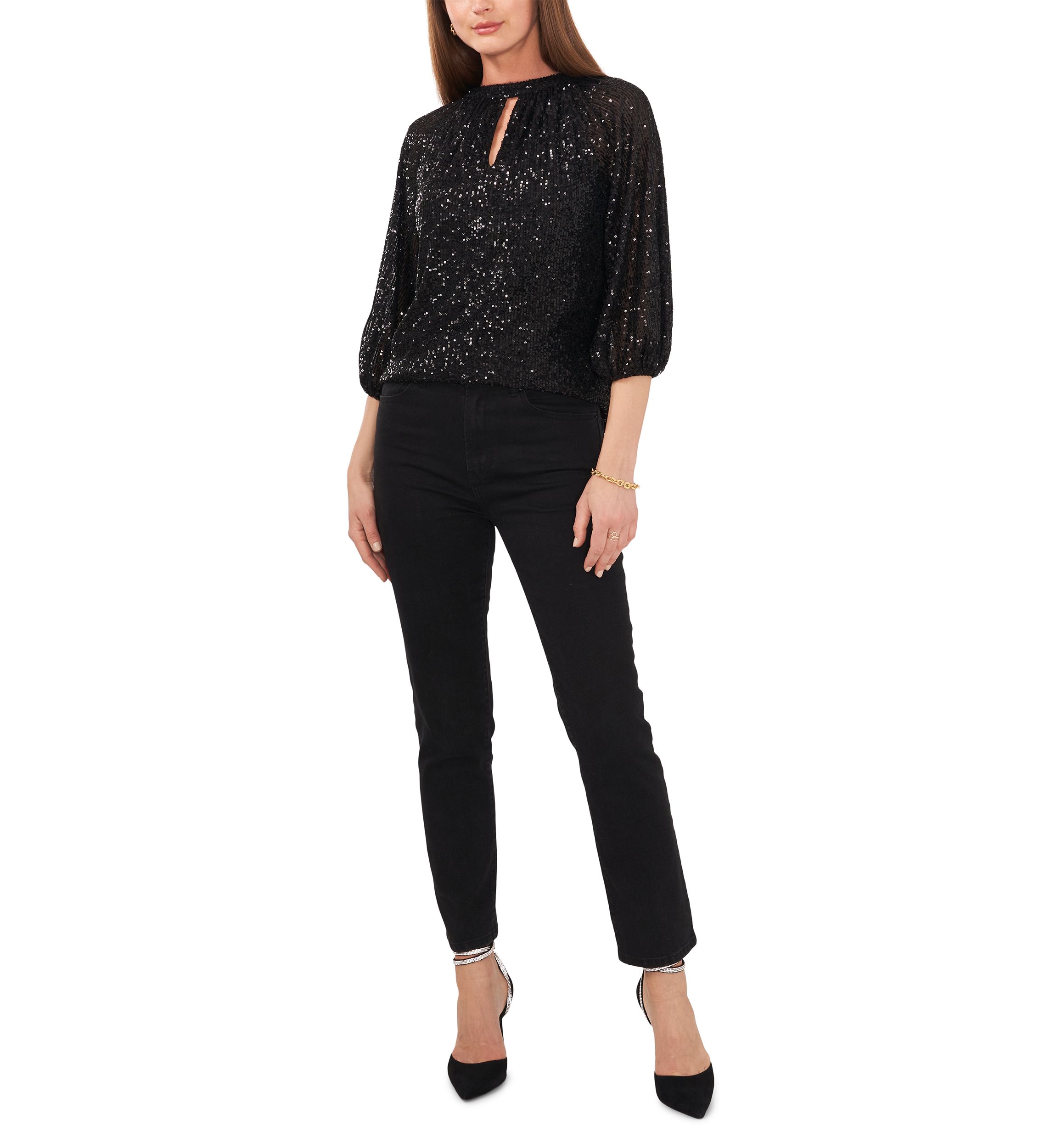 Petite Raglan Sleeve Keyhole Sequin Blouse