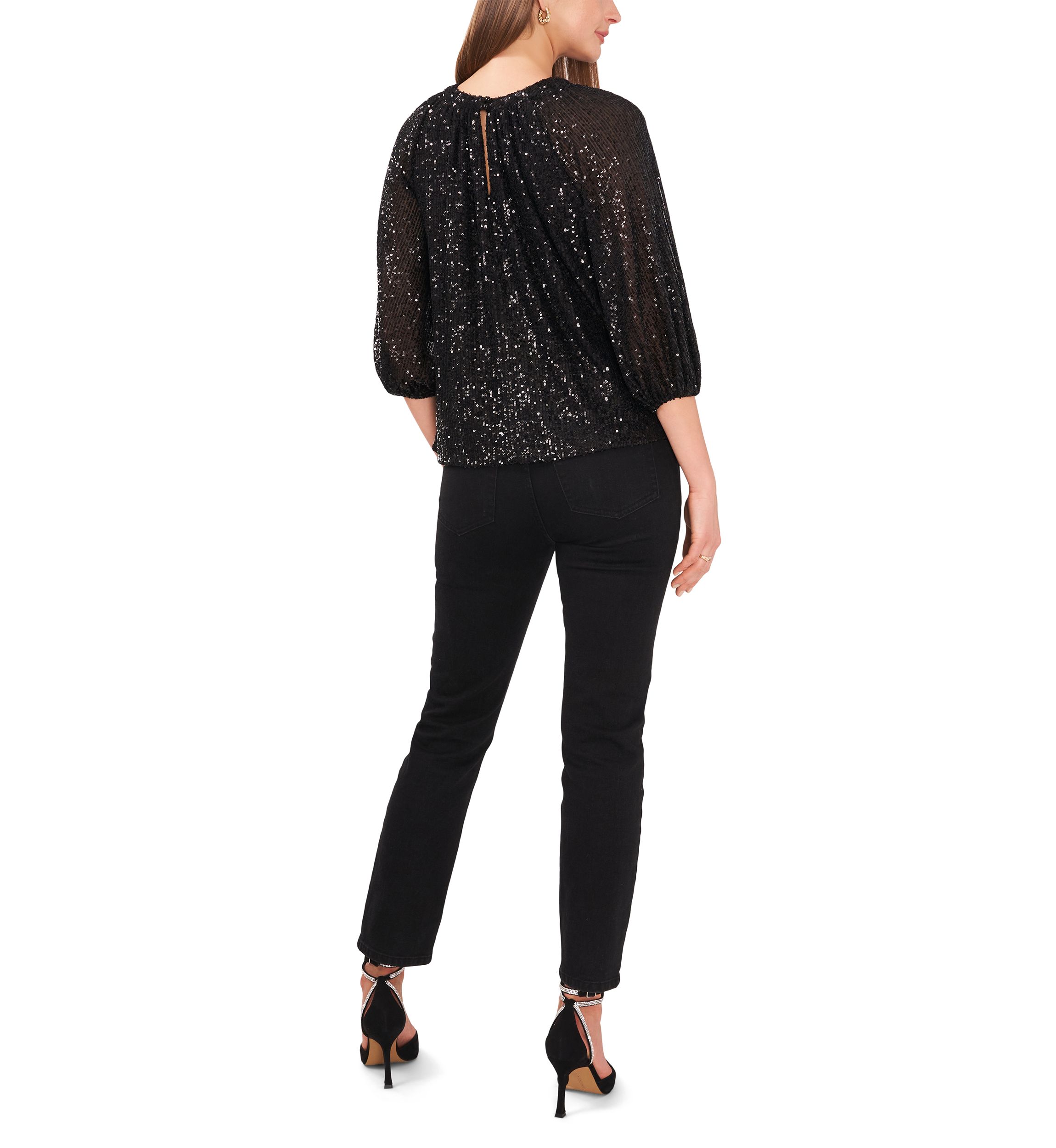 Petite Raglan Sleeve Keyhole Sequin Blouse