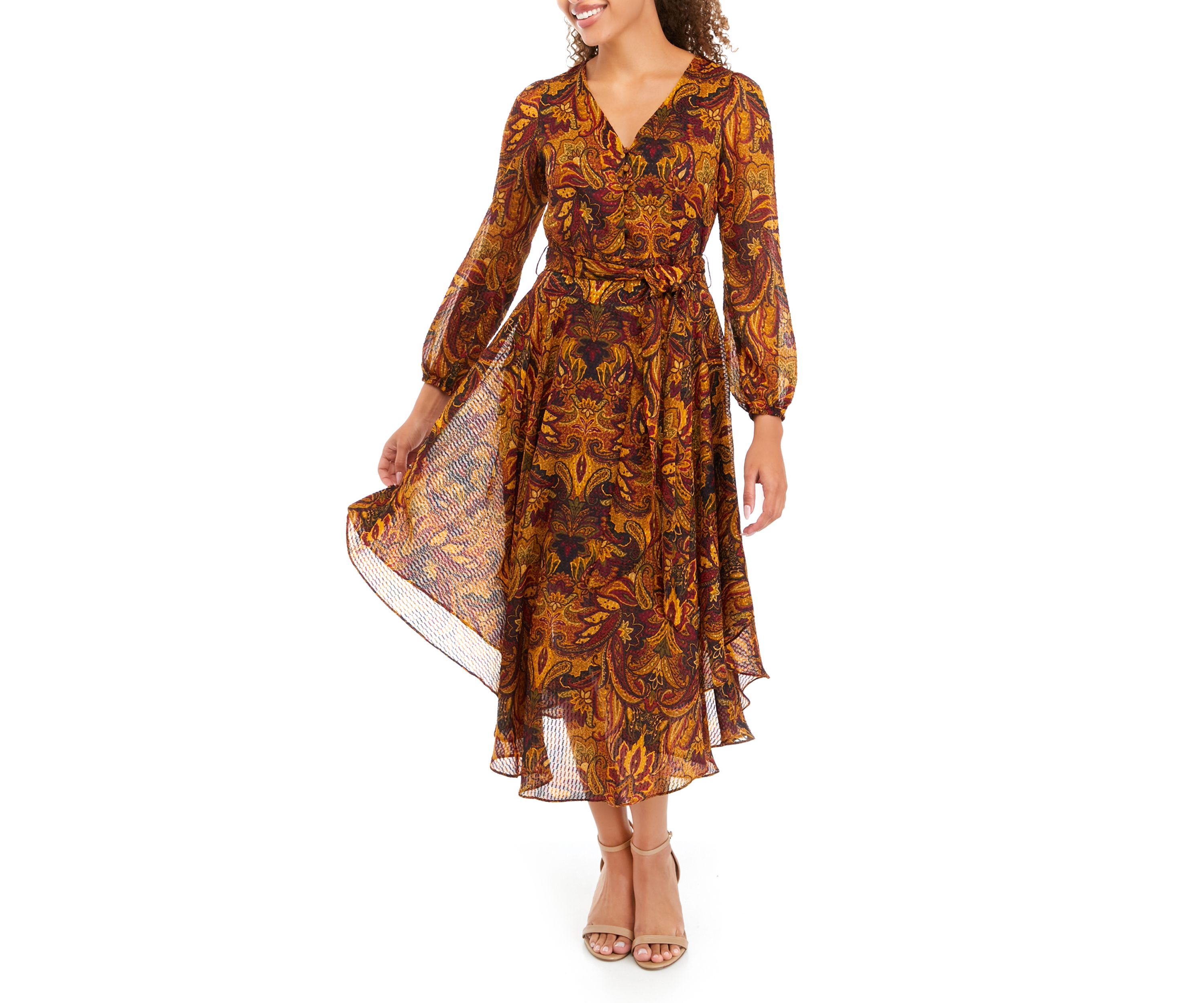 Petite Long Sleeve V-Neck Maxi Dress with Asymmetrical Hem