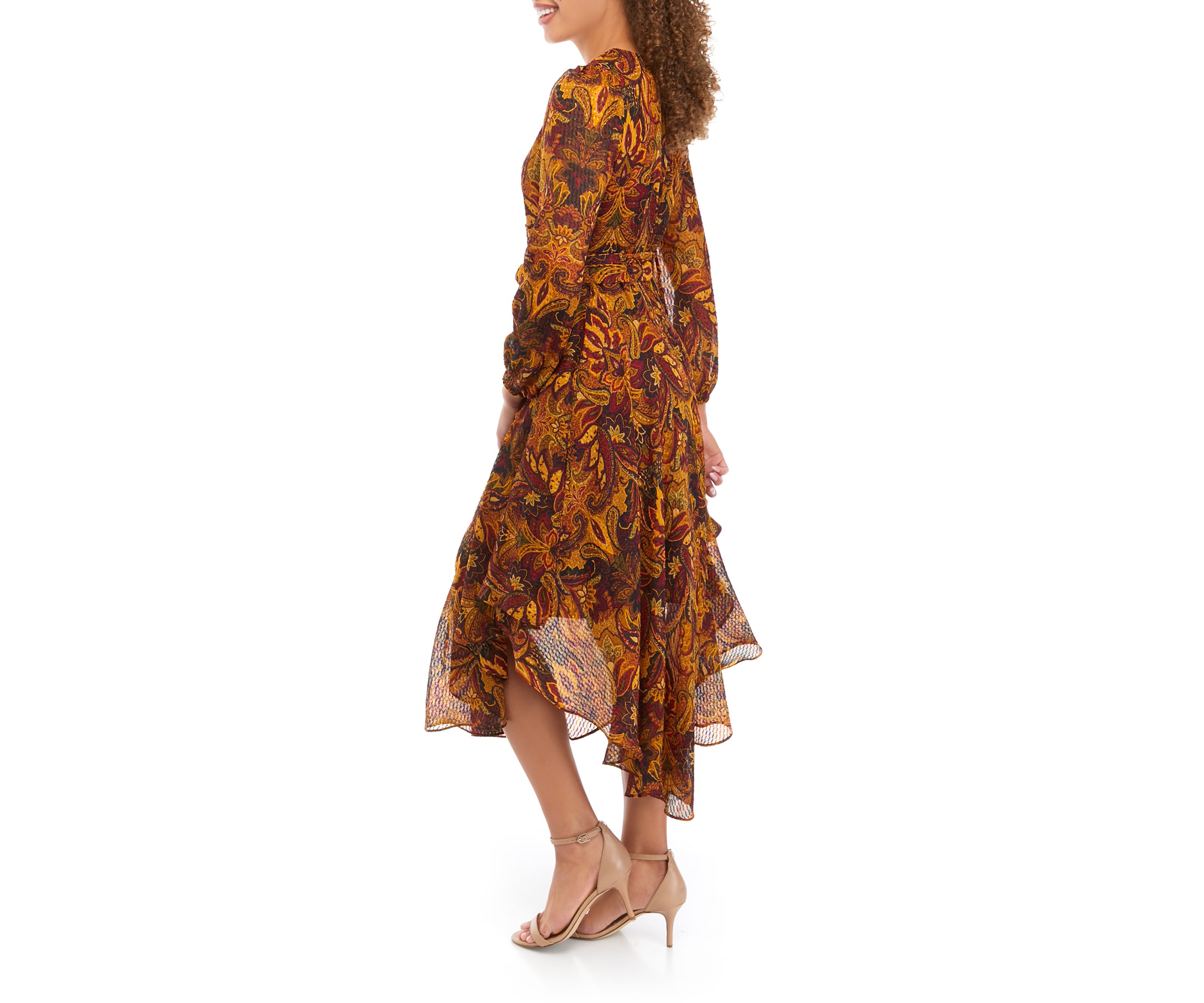 Petite Long Sleeve V-Neck Maxi Dress with Asymmetrical Hem