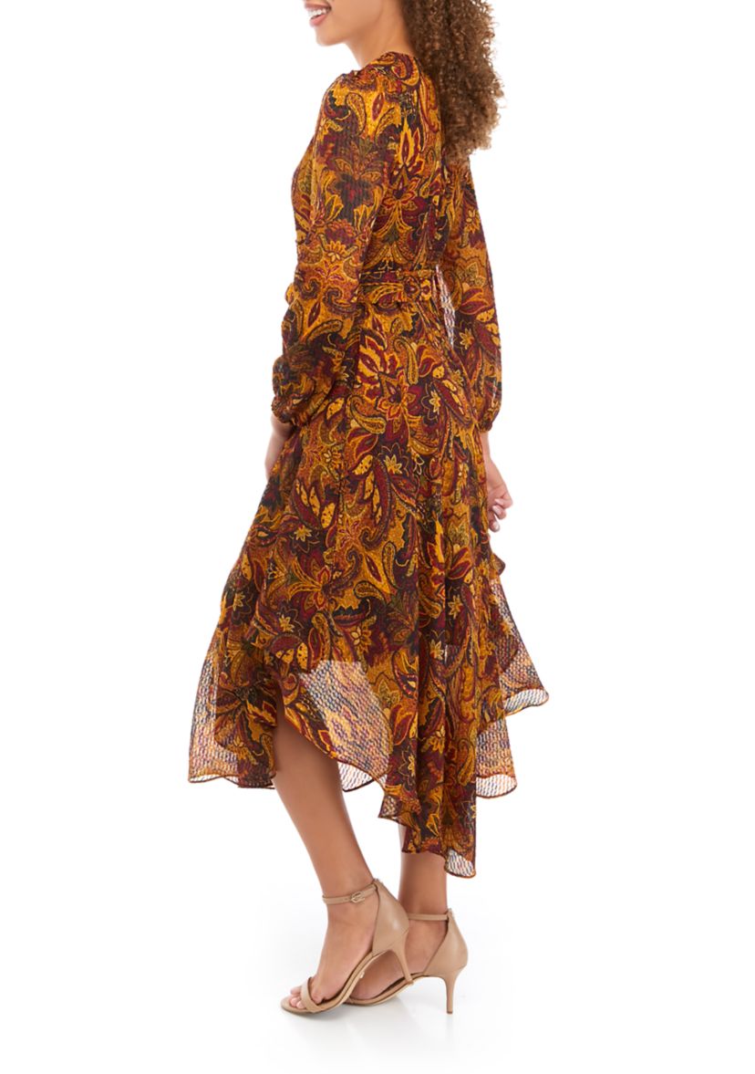 Petite Long Sleeve V-Neck Maxi Dress with Asymmetrical Hem