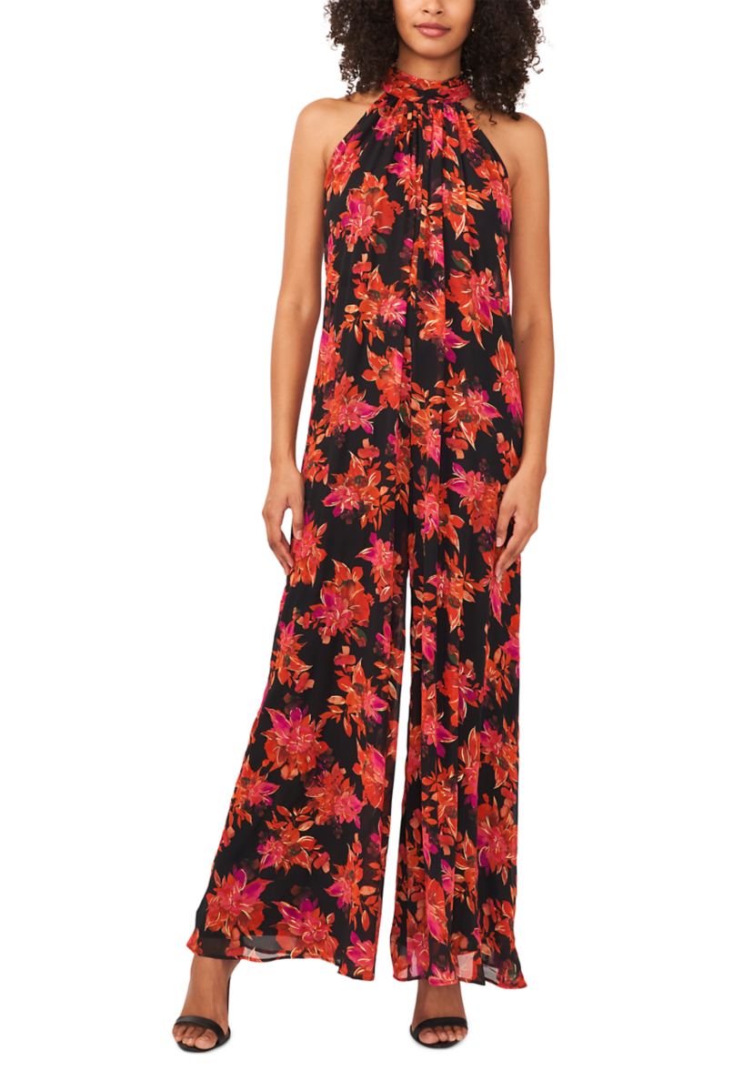 Petite Sleeveless Floral Halter Jumpsuit 