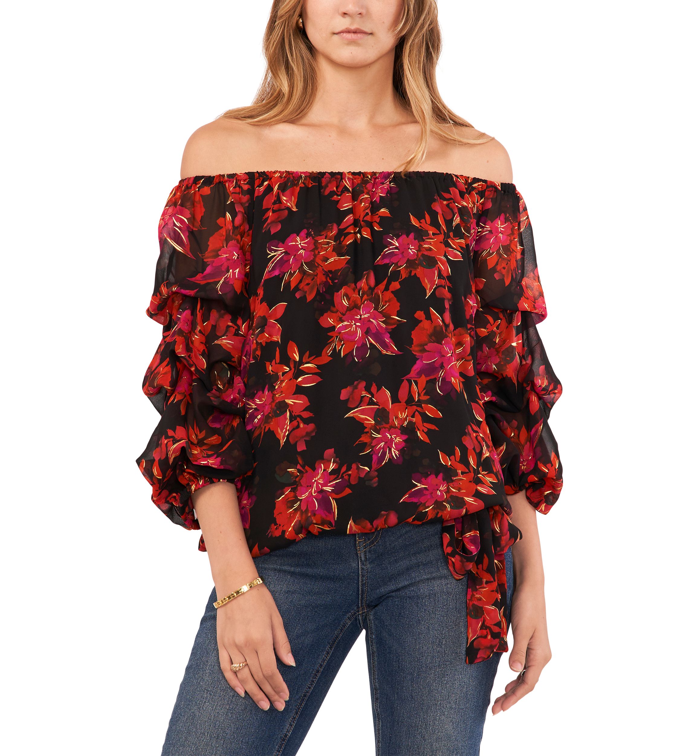 Petite Cha Cha Sleeve Floral Off the Shoulder Top 