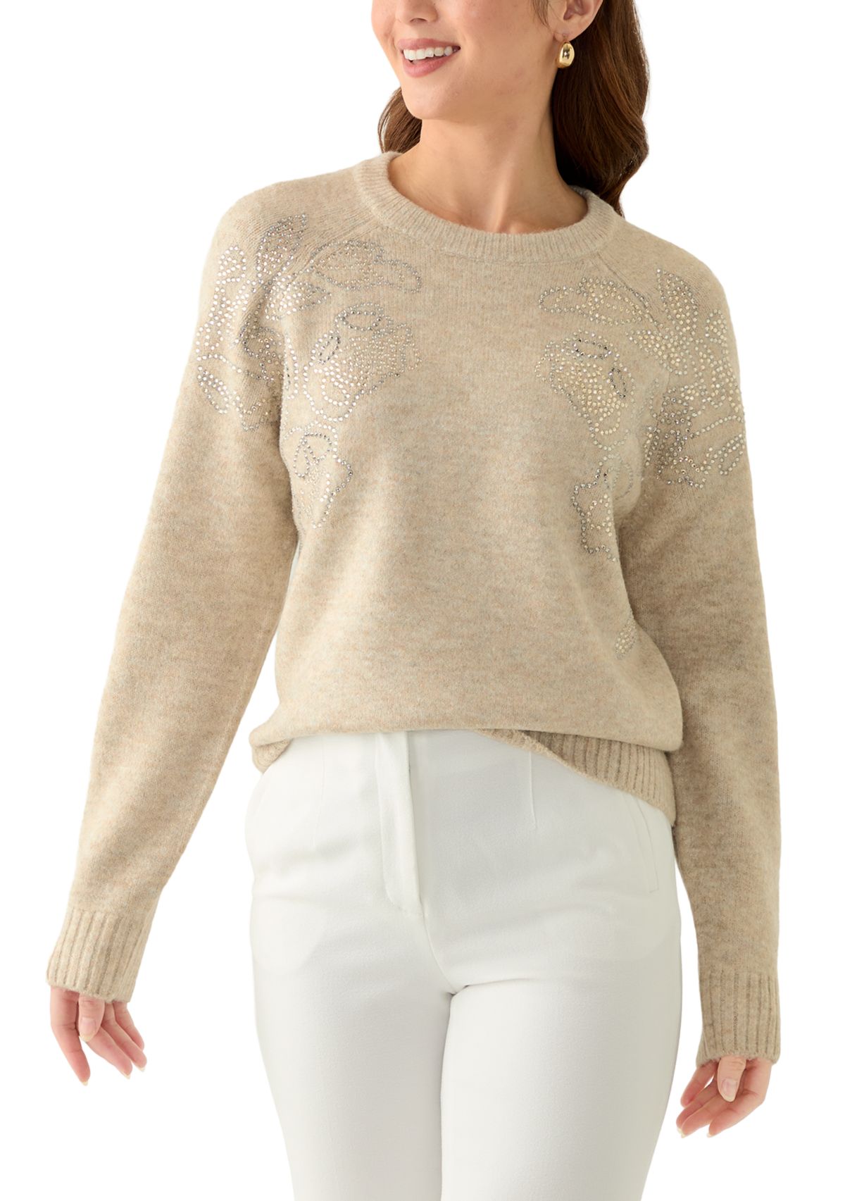 Petite Embellished Long Sleeve Crew Neck Sweater