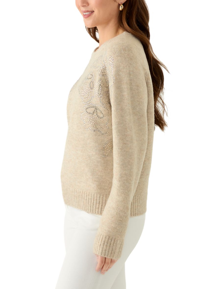 Petite Embellished Long Sleeve Crew Neck Sweater