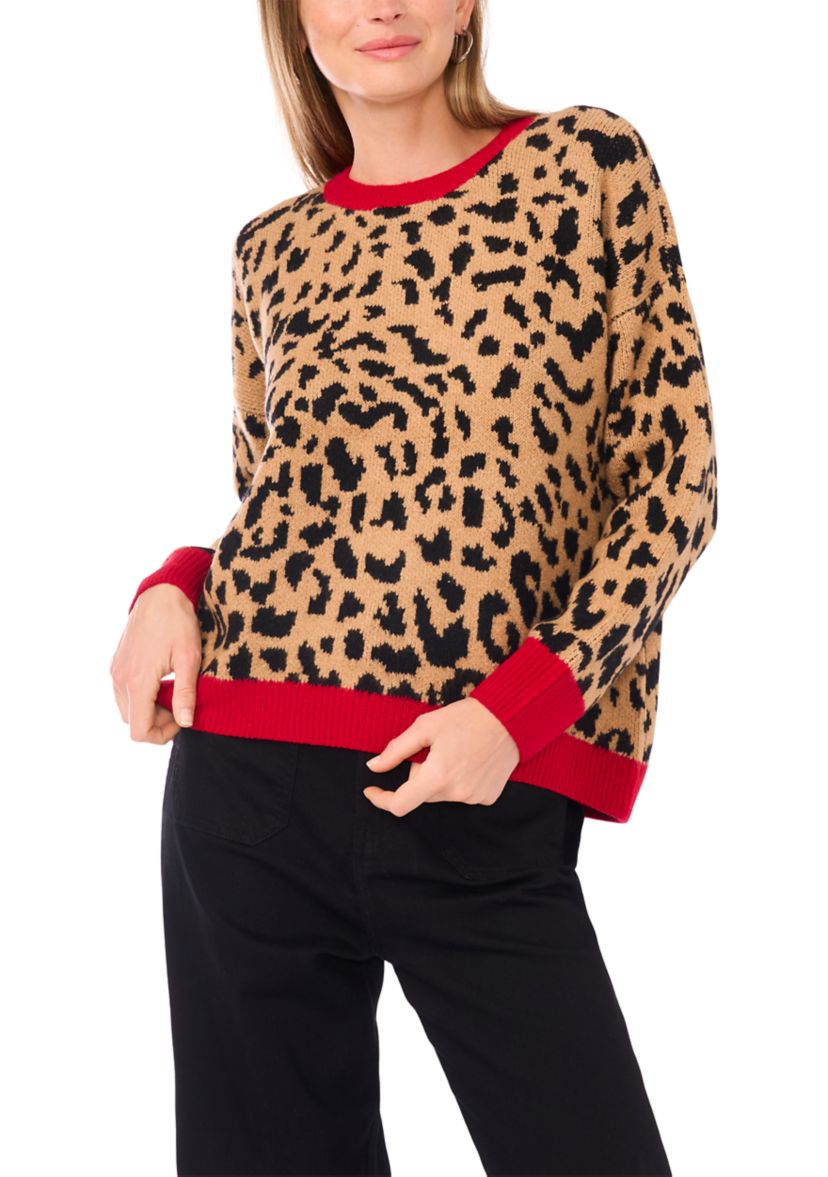 Petite Long Sleeve Tipped Leopard Sweater 