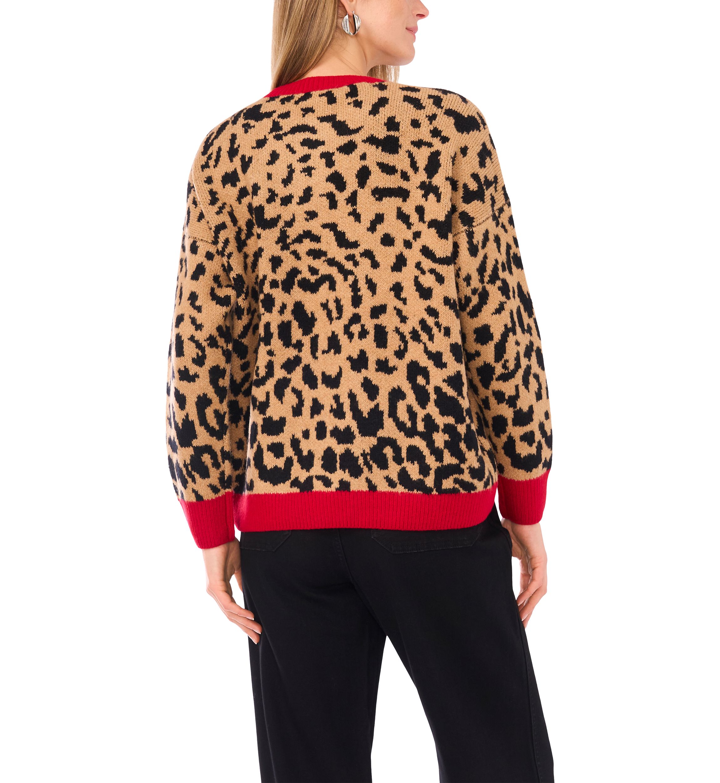 Petite Long Sleeve Tipped Leopard Sweater 
