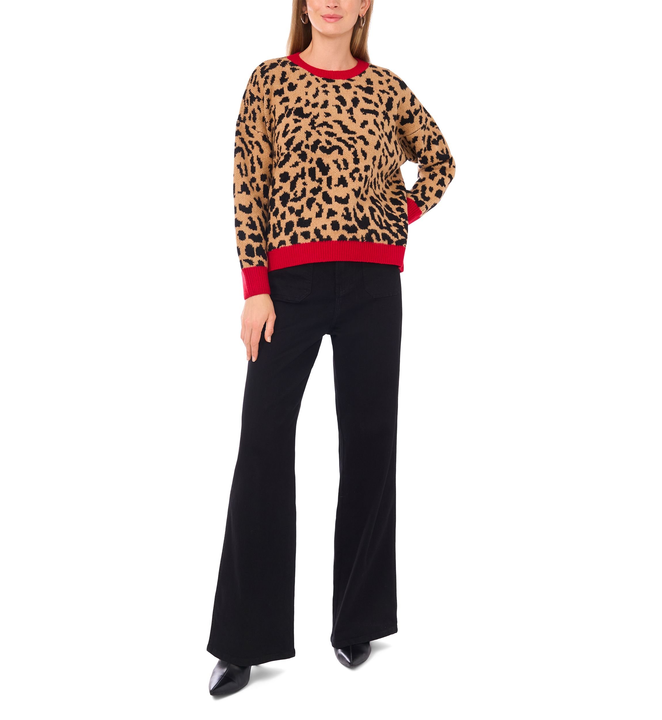 Petite Long Sleeve Tipped Leopard Sweater 