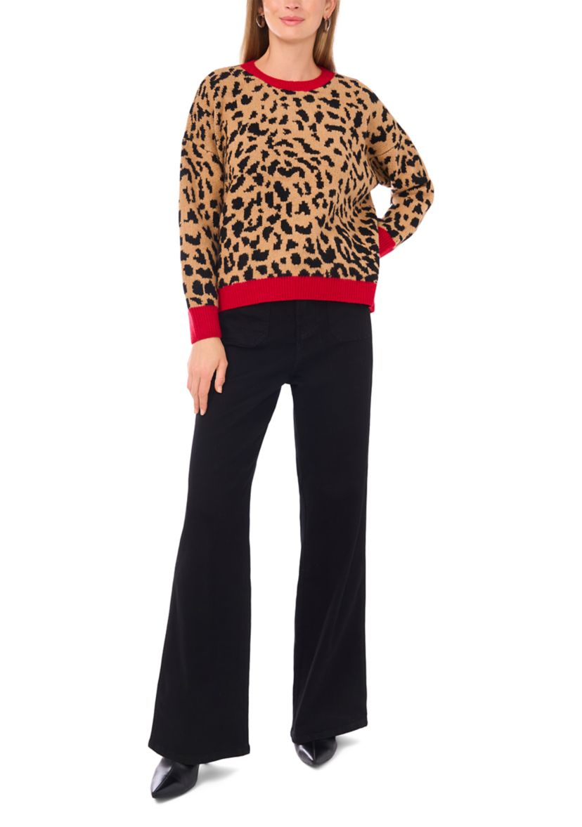 Petite Long Sleeve Tipped Leopard Sweater 
