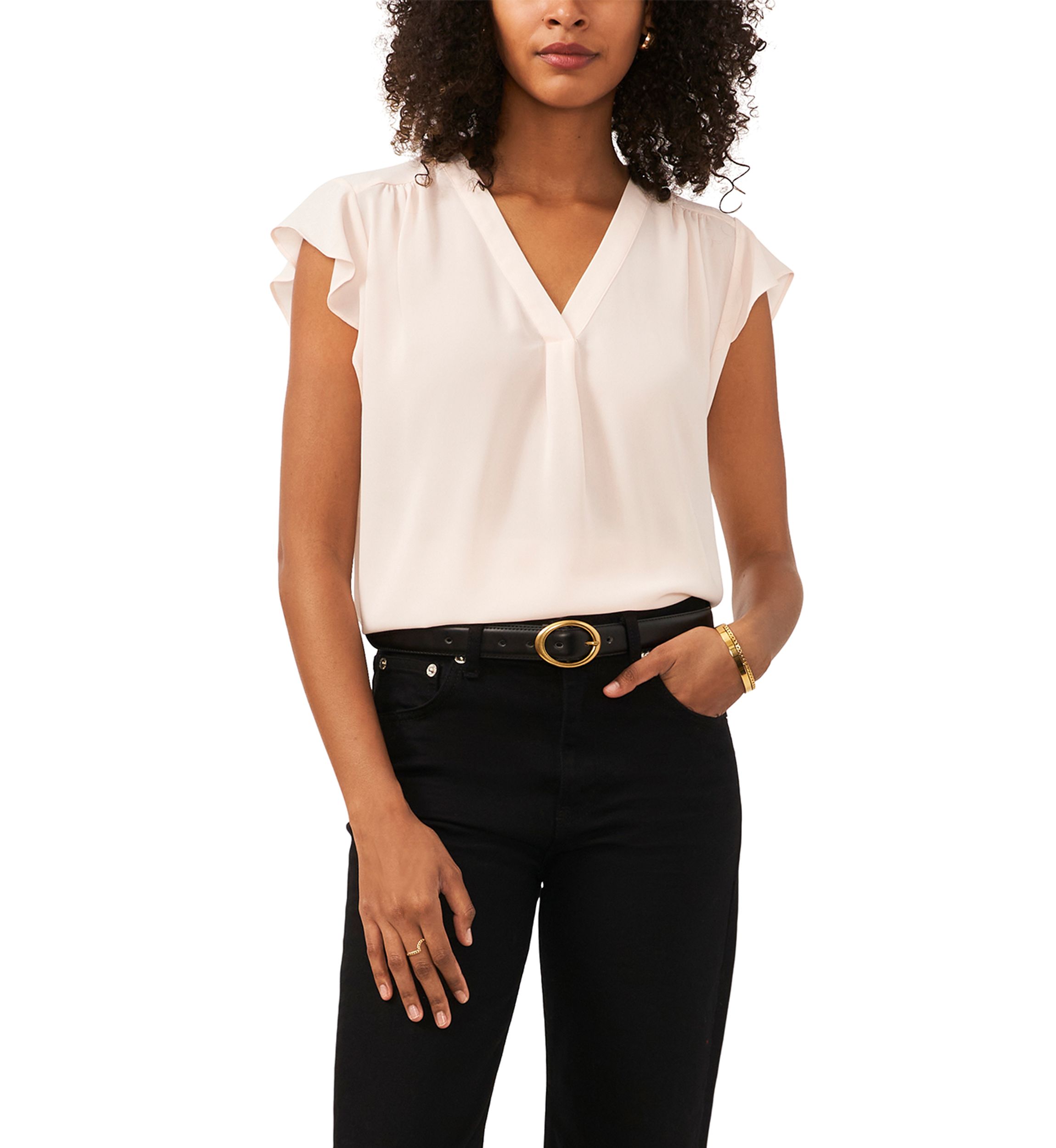 Petite Short Sleeve V-Neck Flutter Sleeve Top