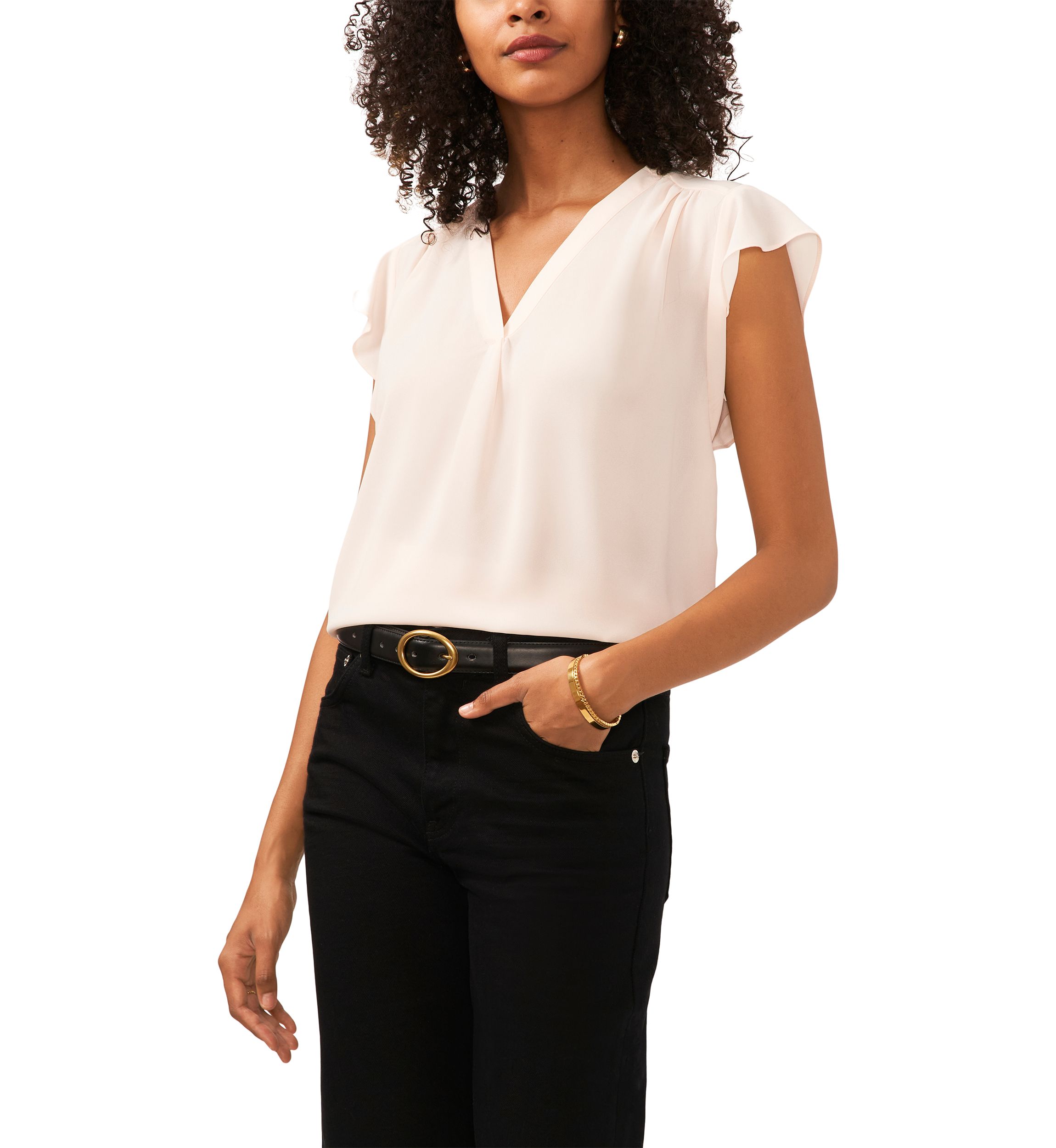 Petite Short Sleeve V-Neck Flutter Sleeve Top