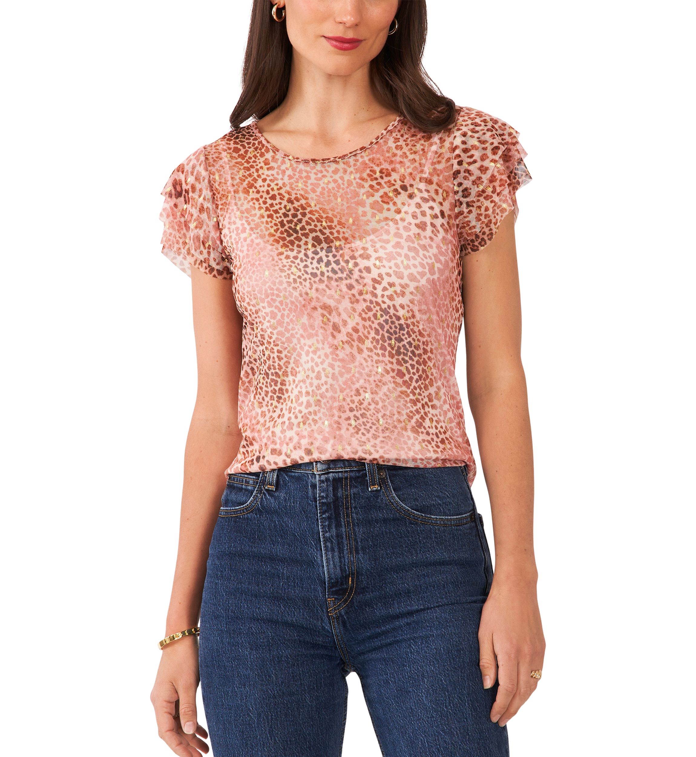 Petite Crew Neck Top with 3-Layer Ruffle Short Sleeves 