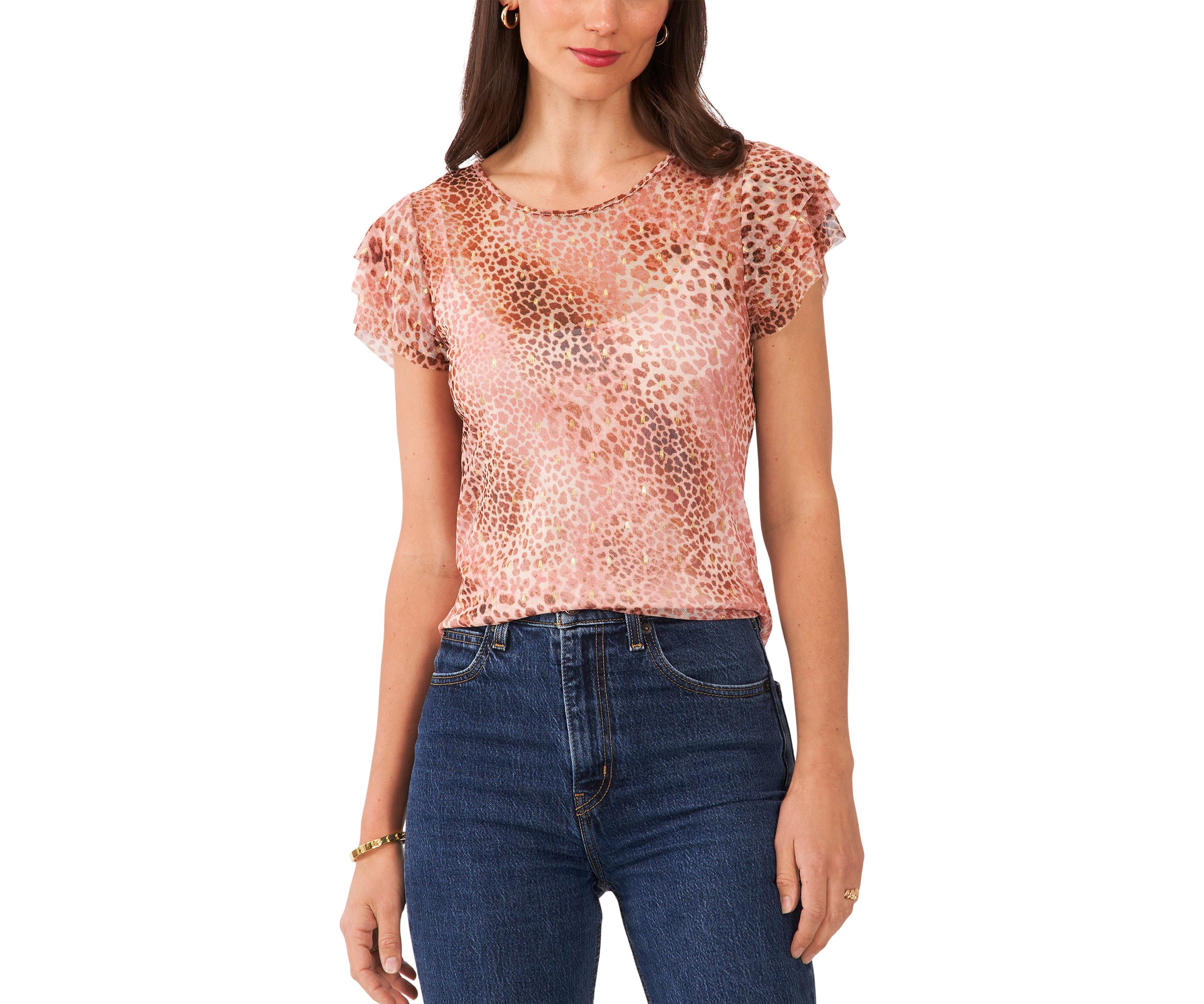 Petite Crew Neck Top with 3-Layer Ruffle Short Sleeves 
