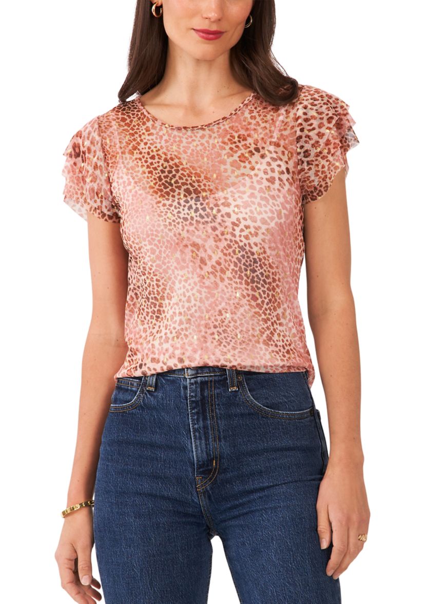 Petite Crew Neck Top with 3-Layer Ruffle Short Sleeves 