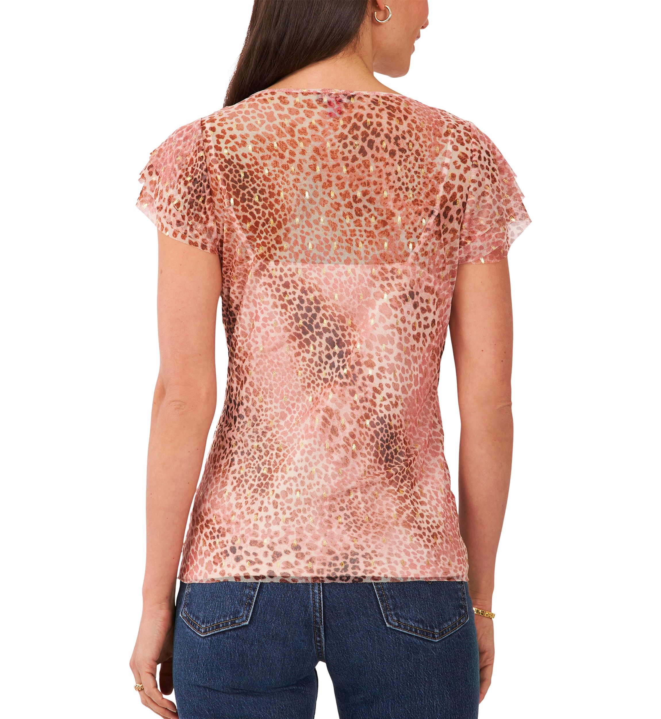 Petite Crew Neck Top with 3-Layer Ruffle Short Sleeves 