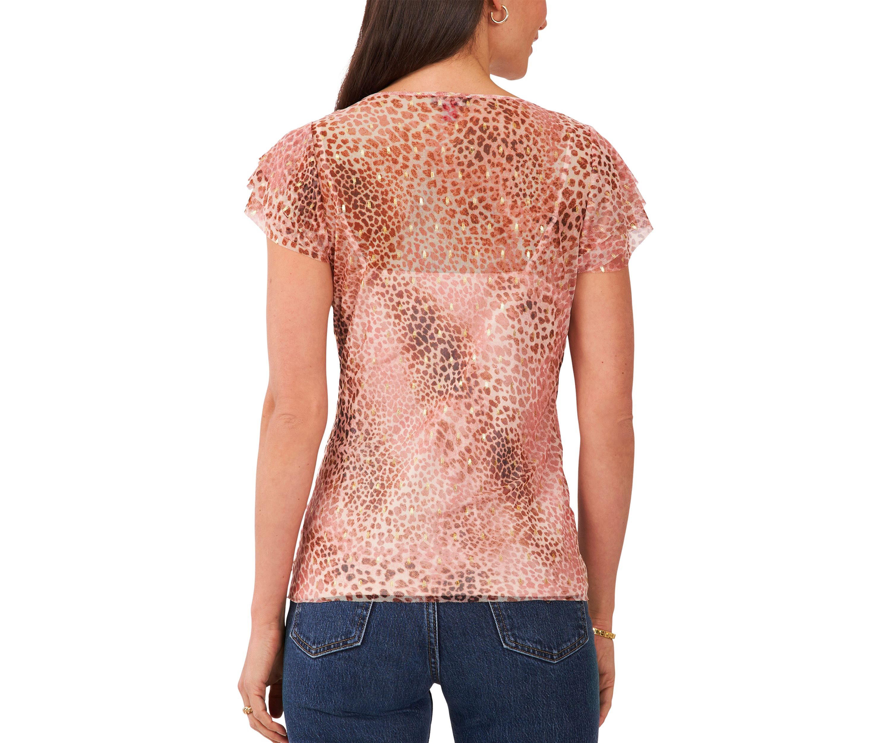 Petite Crew Neck Top with 3-Layer Ruffle Short Sleeves 
